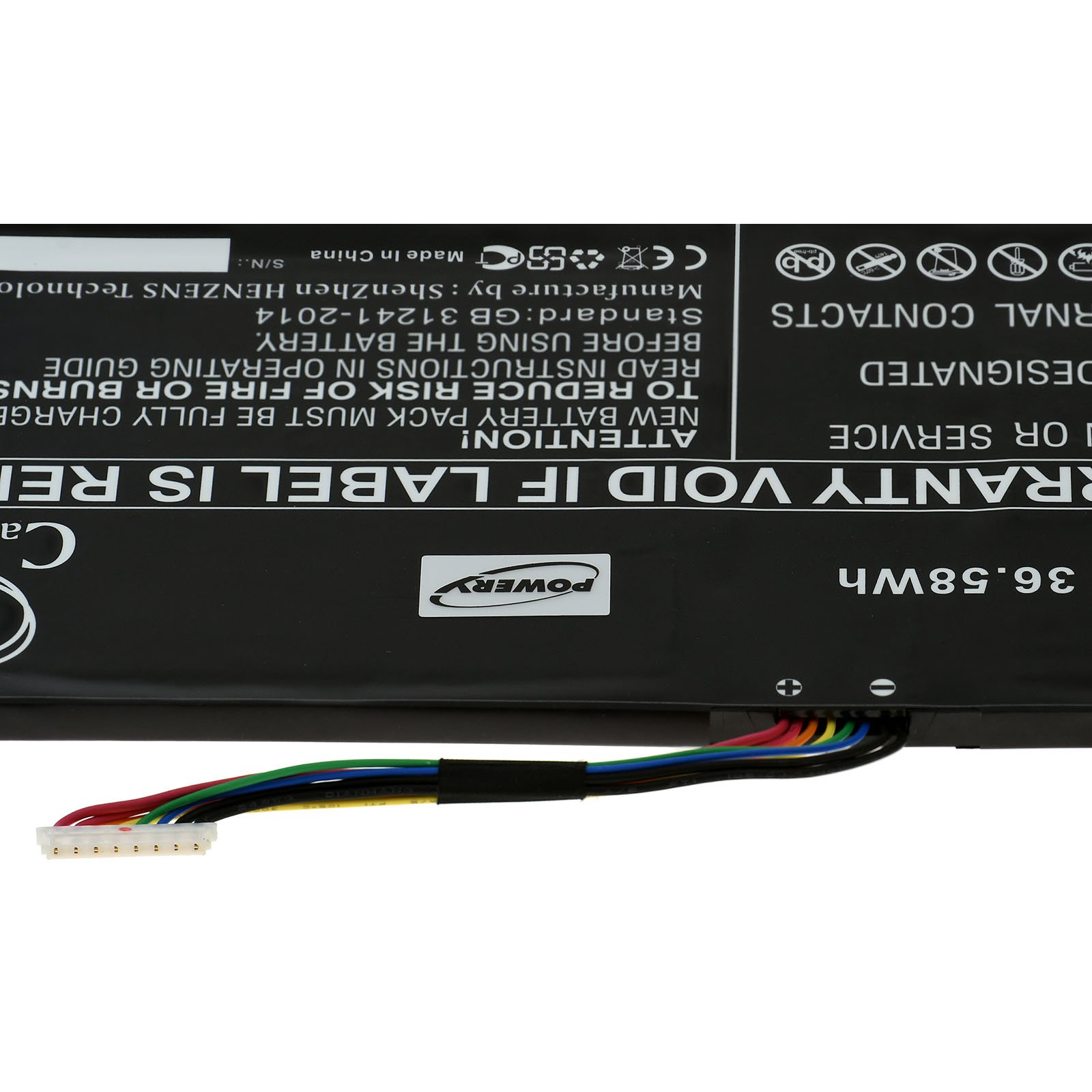 Una batería negra con etiquetas y un conector.