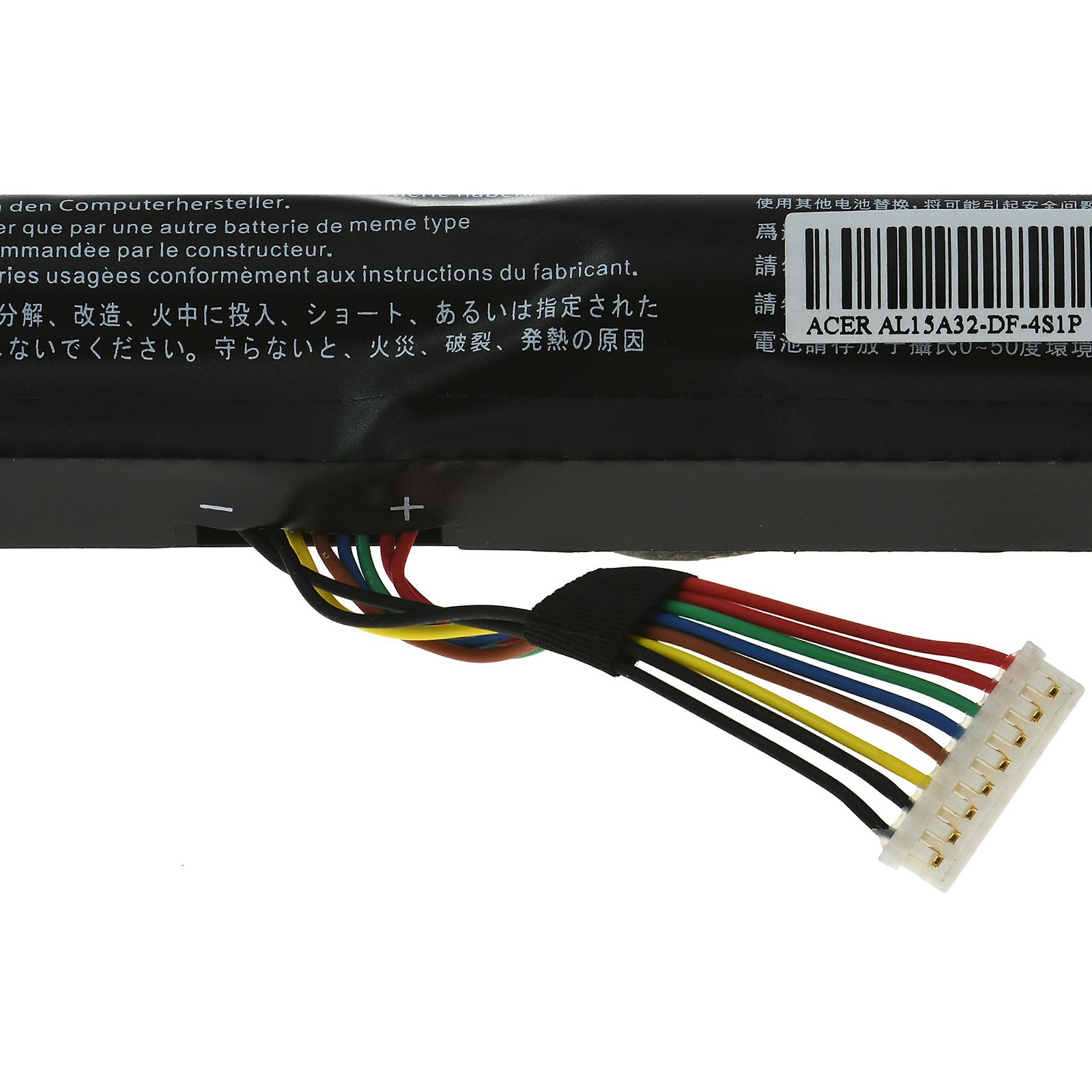 Ein Laptop-Akku mit Stecker und mehrfarbigen Drähten. Der Akku ist schwarz mit weißem Text.