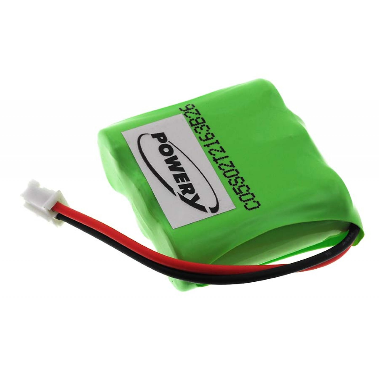 Paquete de batería verde con una etiqueta blanca y un conector de cable negro y rojo.