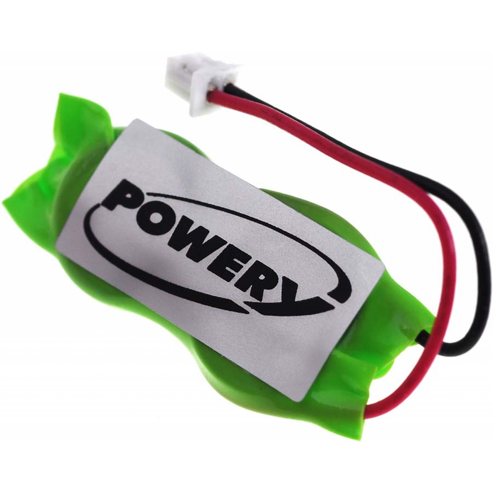 Un paquete de baterías verde con una etiqueta blanca que dice POWER y cables negros y rojos adjuntos.