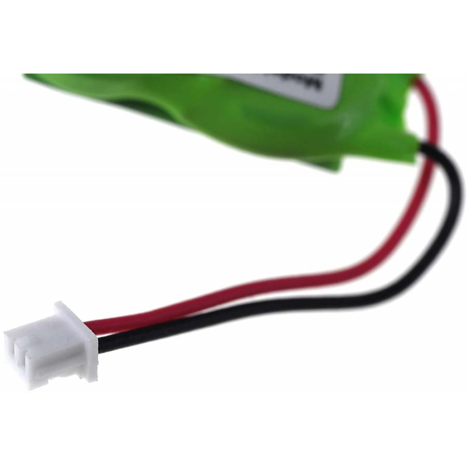 Batería verde con cables rojo/negro y conector blanco.