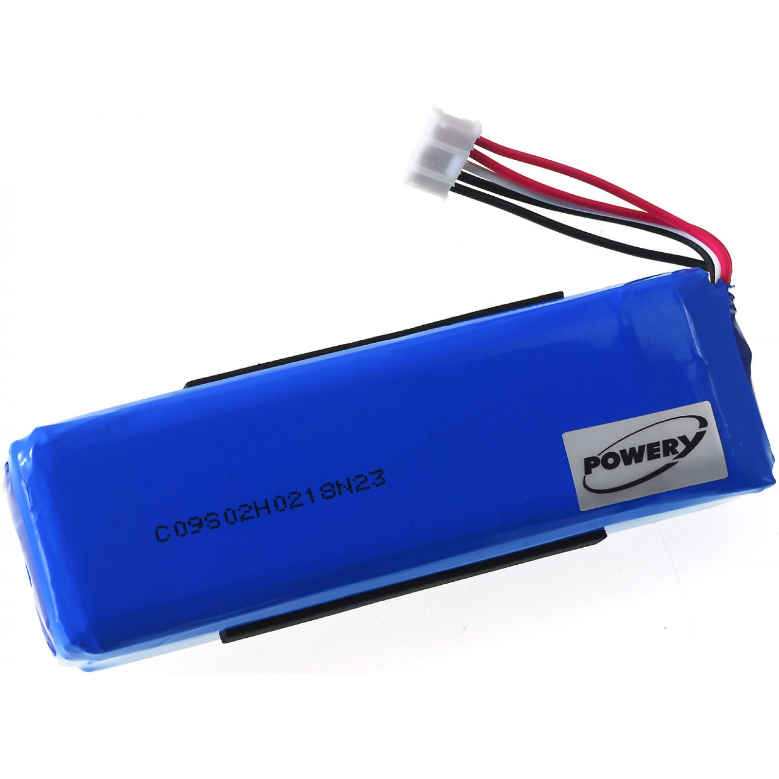 Blaue Batterie mit weißem Stecker. Schwarzer Text und Power-Etikett. Weißer Hintergrund.