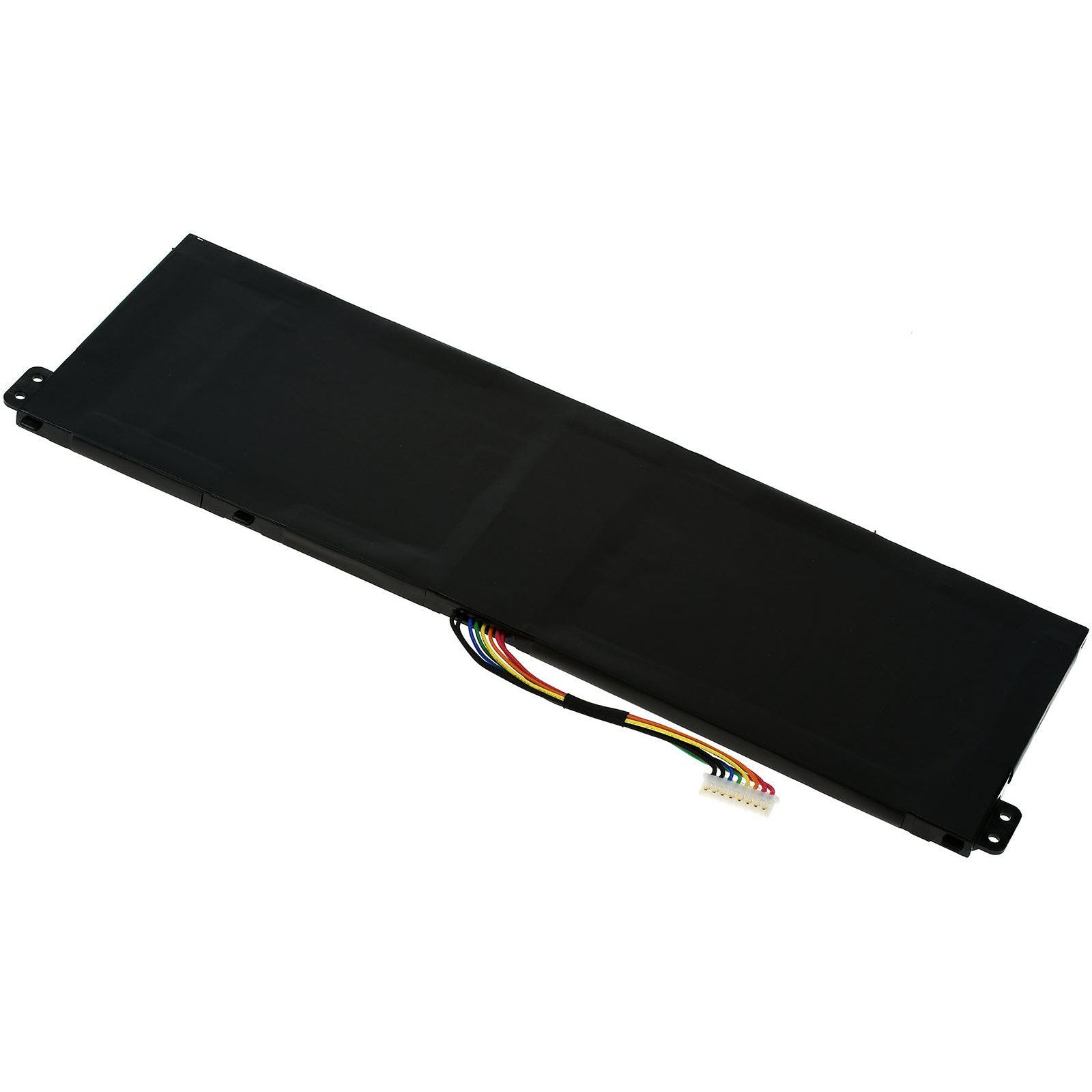 Batería rectangular negra para portátil con cables multicolores y un conector blanco.