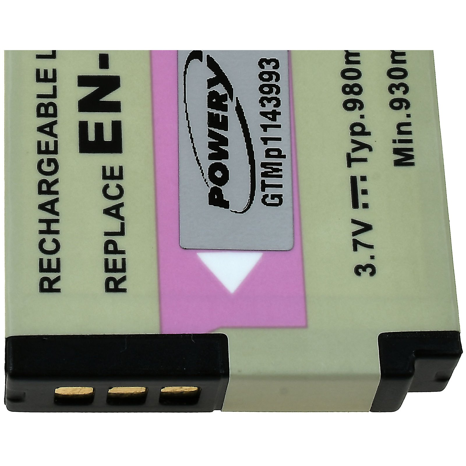 Batería rectangular con texto: Li-ion recargable. La etiqueta incluye advertencias e información.