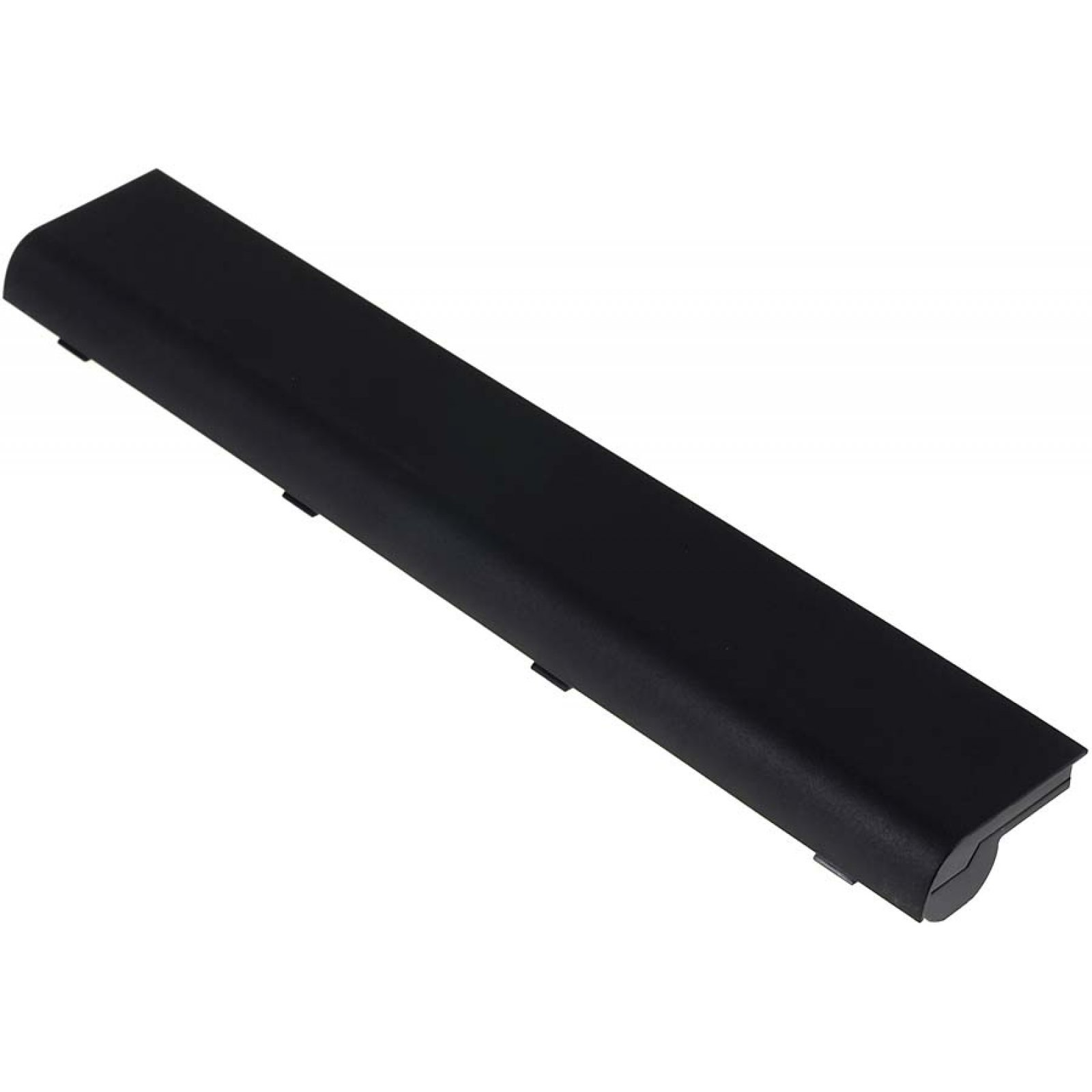 Batería negra para portátil. Forma rectangular, conectores en un lado.