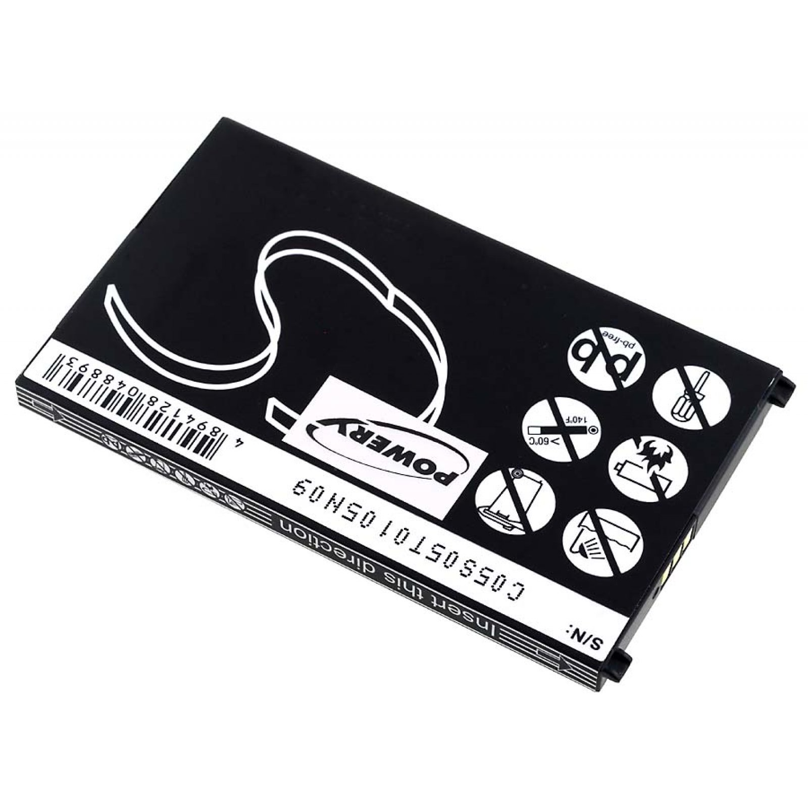 Una batería rectangular negra con etiqueta blanca y símbolos de advertencia. La etiqueta tiene texto y números.
