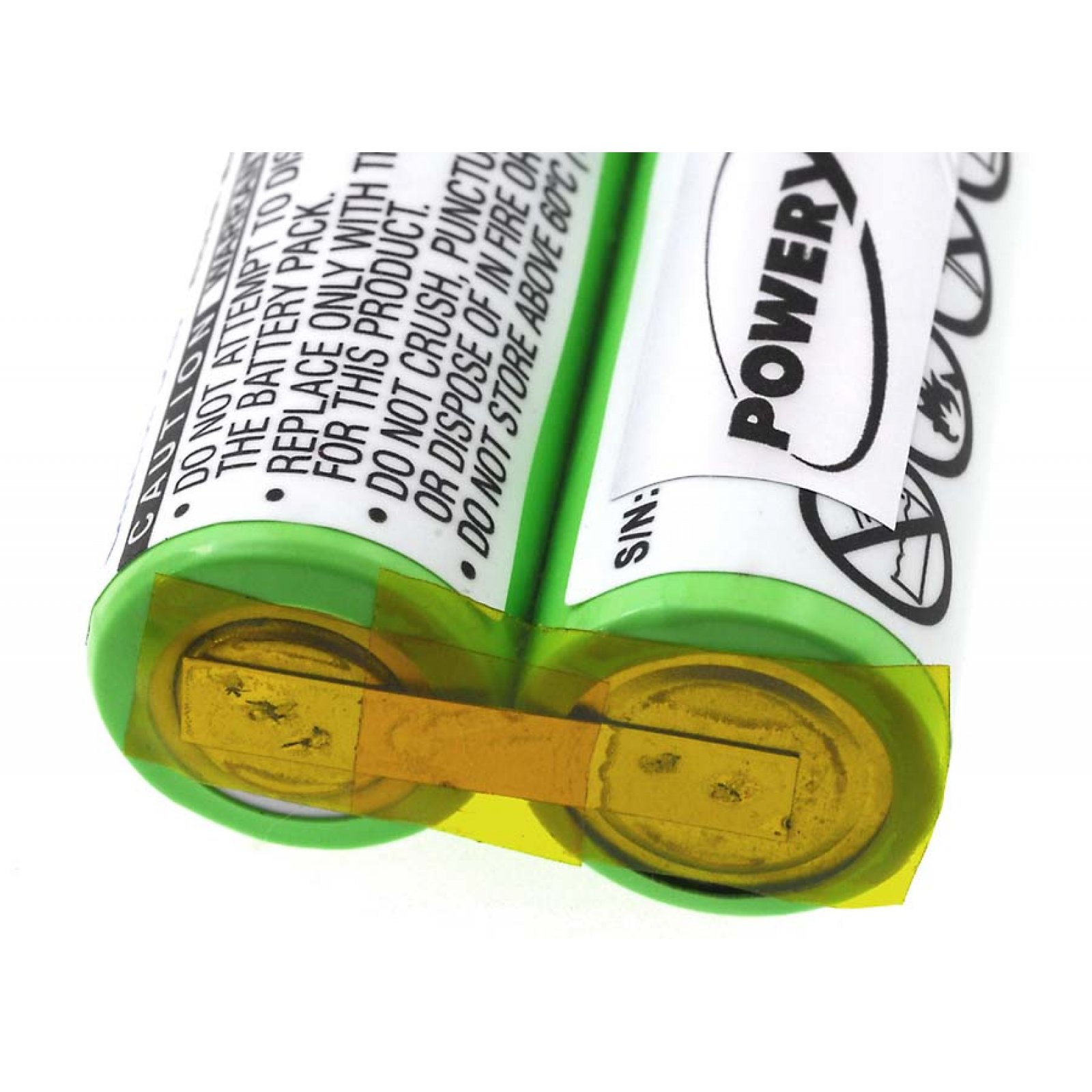 Dos baterías cilíndricas verdes y blancas con la palabra 'POWERY' visible. Cinta amarilla alrededor de las celdas.