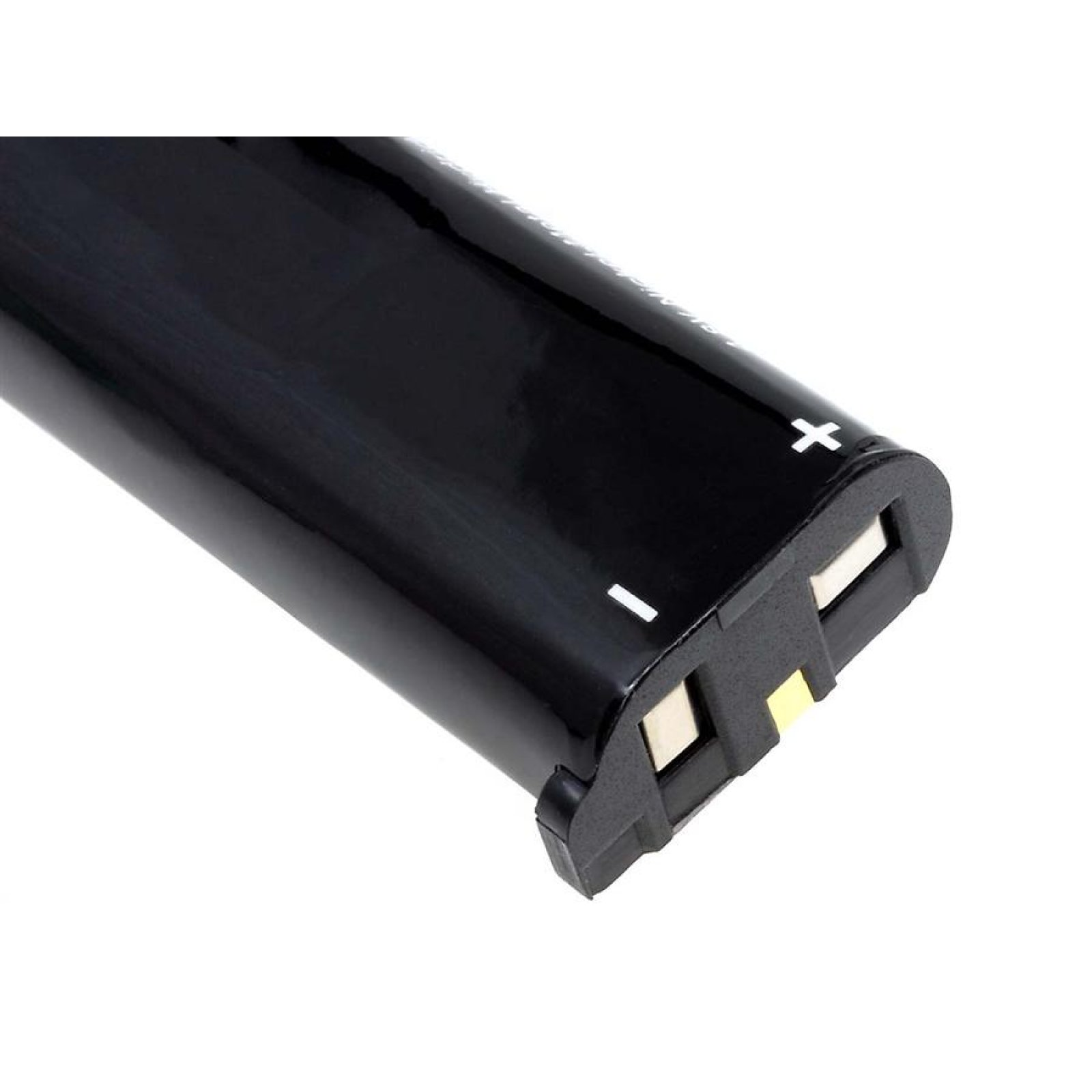Batería cilíndrica negra con marcas positivas y negativas y pines de conector, fondo blanco.