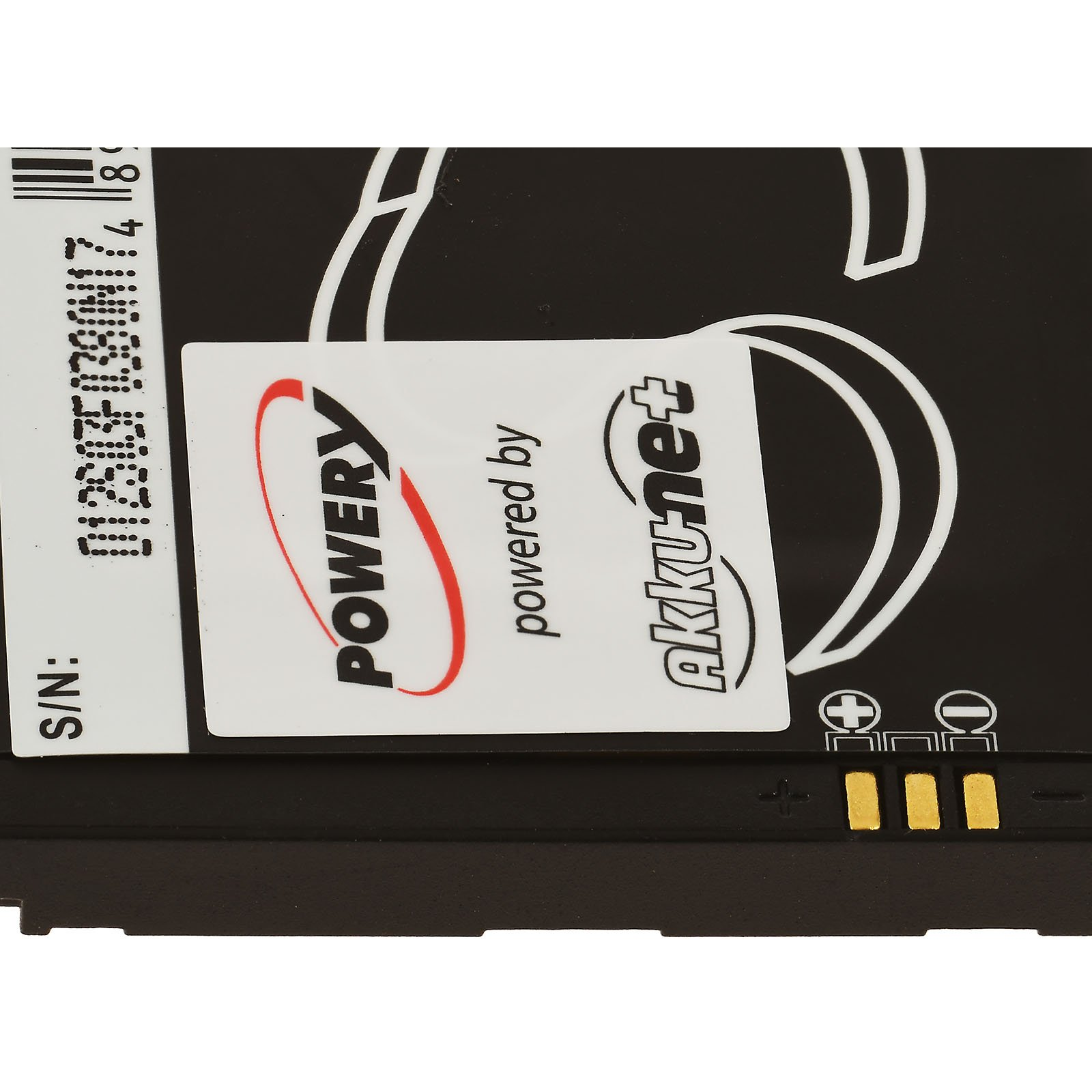 Paquete de batería con etiqueta blanca, logotipos Powery y AkkuNet.