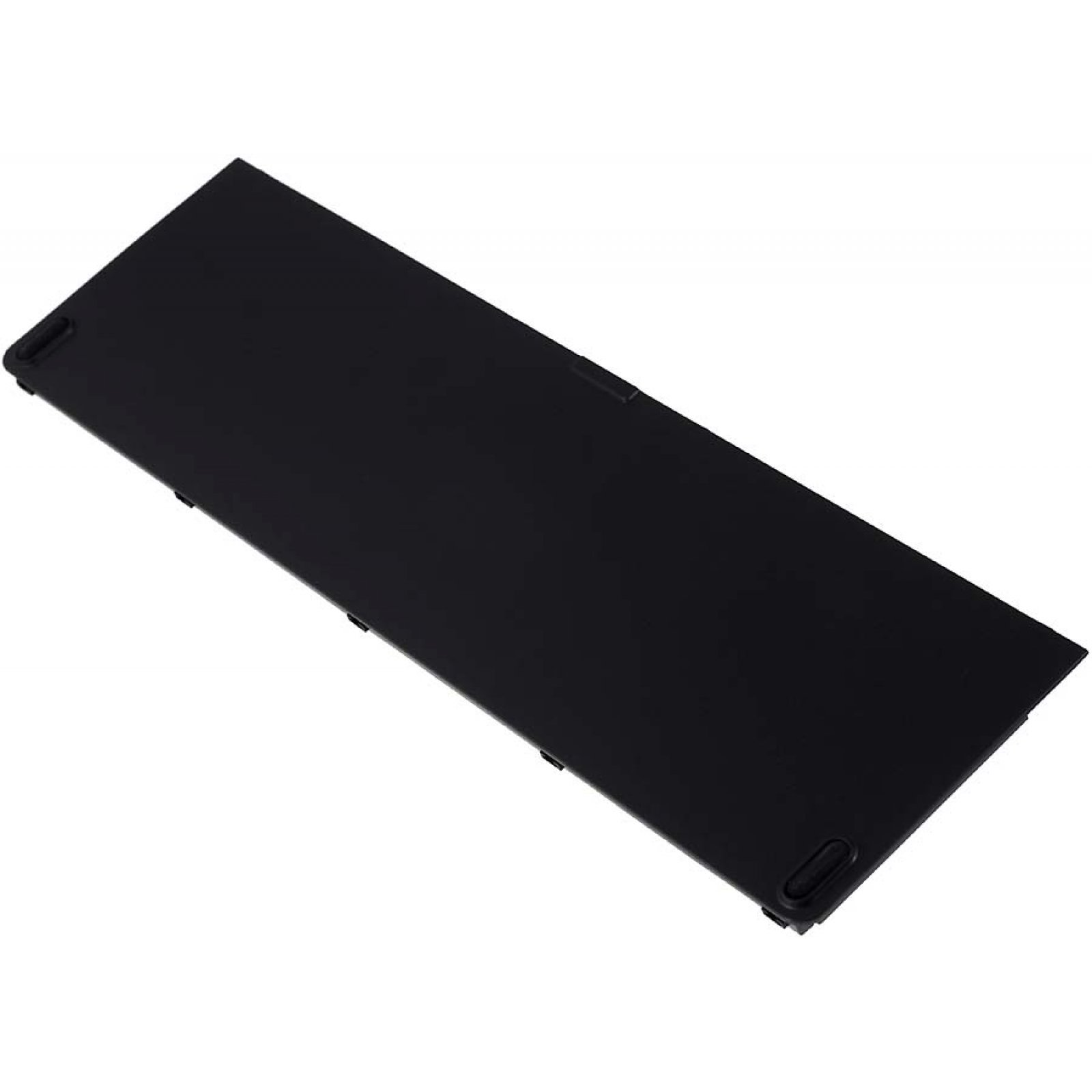Una batería negra de portátil, de forma rectangular. Está colocada sobre un fondo blanco.