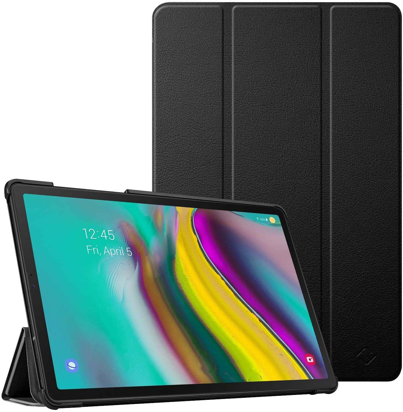 Schwarzes Tablet mit Bildschirm auf einem Ständer und eine schwarze Hülle.