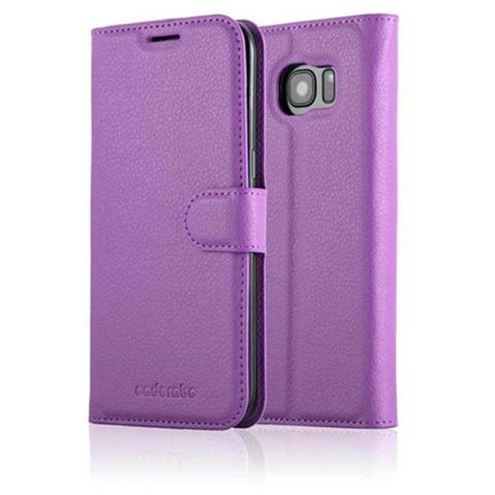Custodia per telefono viola. La custodia ha una patta e una chiusura magnetica.