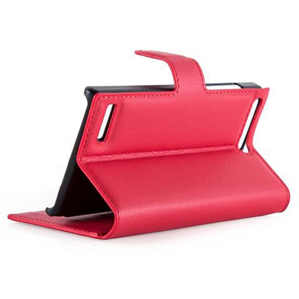 Una funda roja para teléfono. Está abierta, mostrando el interior. La funda es roja y parece cuero.