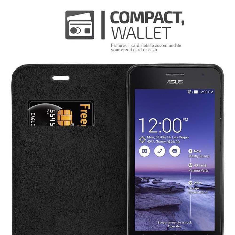 Schwarzes Telefon in einer Brieftaschenhülle mit Kartenfach. Zeigt eine Kreditkarte. Der Bildschirm zeigt eine Uhr.