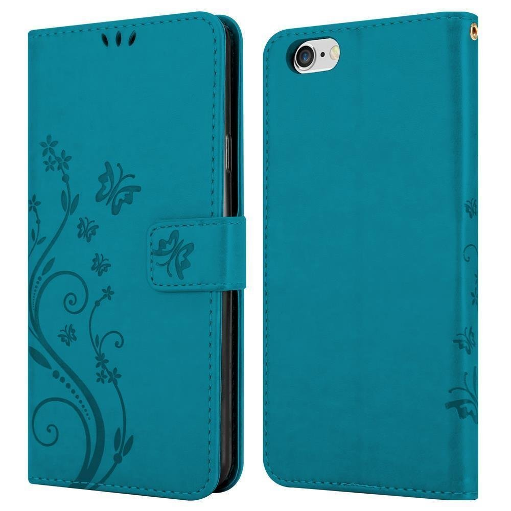 Apple, Flower / Muster PLUS iPhone 6S PLUS, 6 Hülle FLORAL CADORABO Bookcover, BLAU Blumen Case,