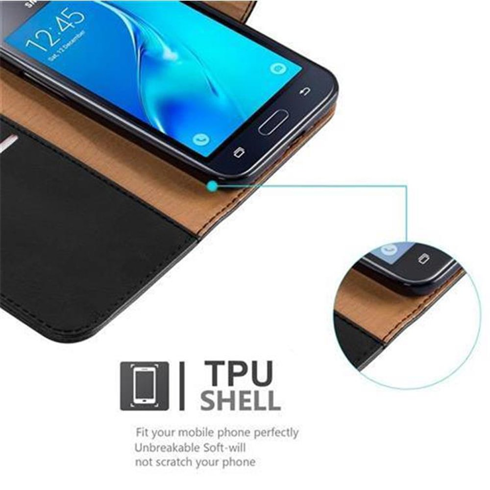 Una custodia per telefono con telefono all'interno, aperta. Presenta un guscio in TPU e ha una combinazione di colori nero e marrone.