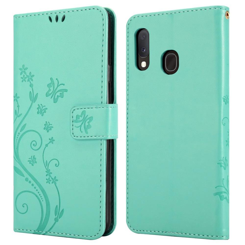 A20e, CADORABO Muster Bookcover, FLORAL Samsung, TÜRKIS Blumen Galaxy Hülle A10e / Case, Flower