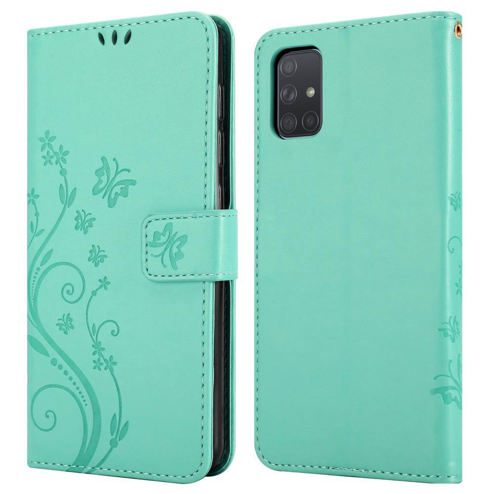 Blumen TÜRKIS 4G, Samsung, Galaxy Muster Bookcover, Hülle CADORABO FLORAL Case, Flower A71