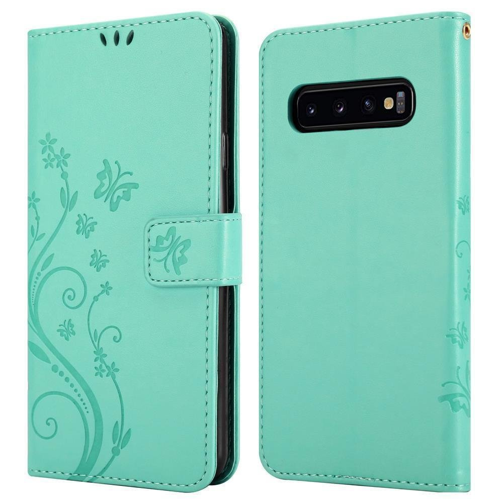 CADORABO Hülle Blumen Muster 4G, Samsung, Flower Galaxy TÜRKIS Case, S10 Bookcover, FLORAL