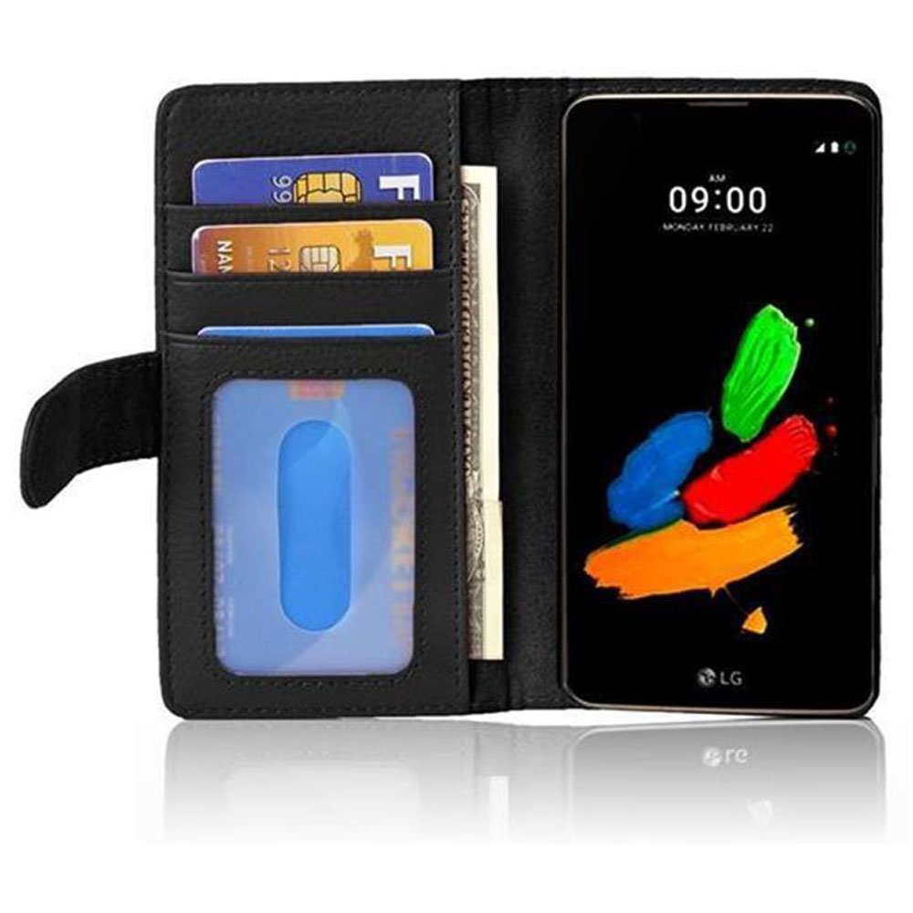 Custodia nera aperta con carte, contanti e telefono che mostra l'ora e tratti di vernice colorati.