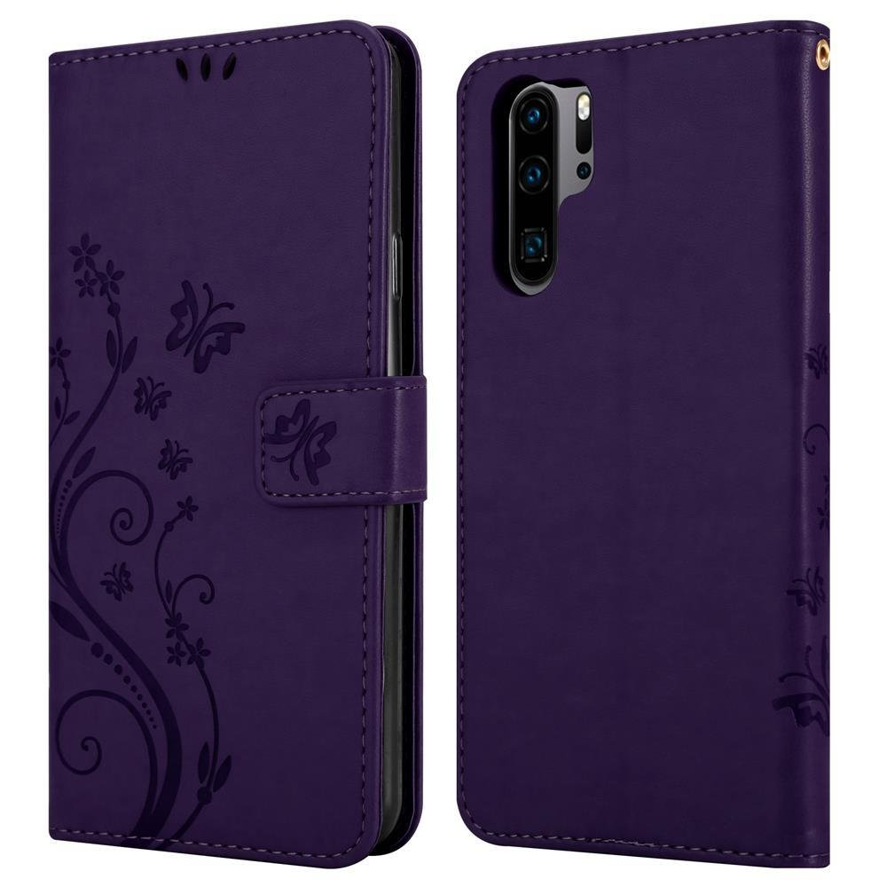 CADORABO Hülle Blumen Muster Flower Huawei, P30 FLORAL Bookcover, Case, LILA DUNKEL PRO