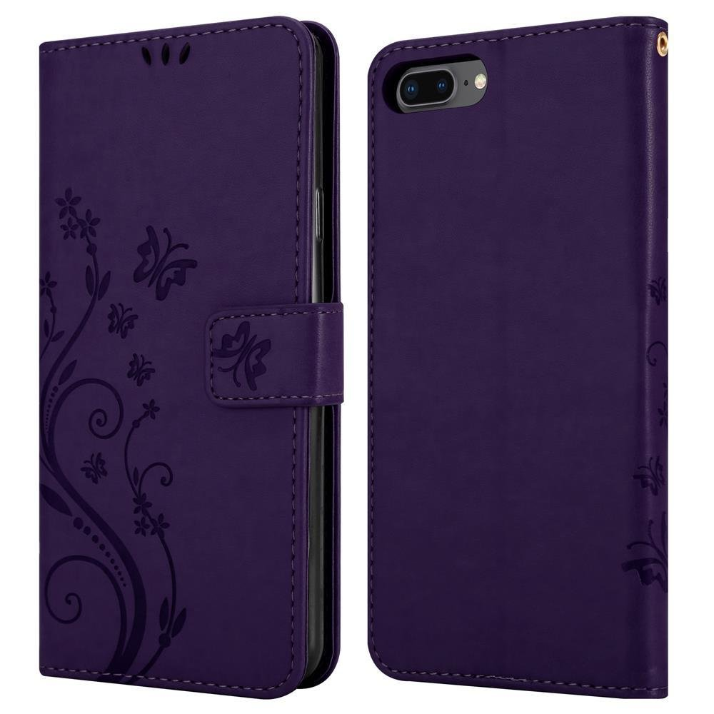 CADORABO Hülle iPhone PLUS 8 Flower / PLUS, Muster Blumen Apple, / Case, DUNKEL FLORAL Bookcover, LILA 7 PLUS 7S