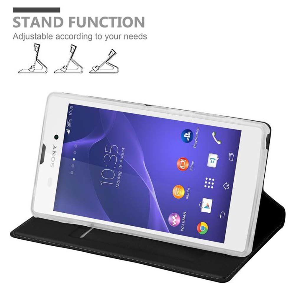 Teléfono en una funda que se puede poner de pie. Texto: 'Stand Function' y 'Adjustable according to your needs'.