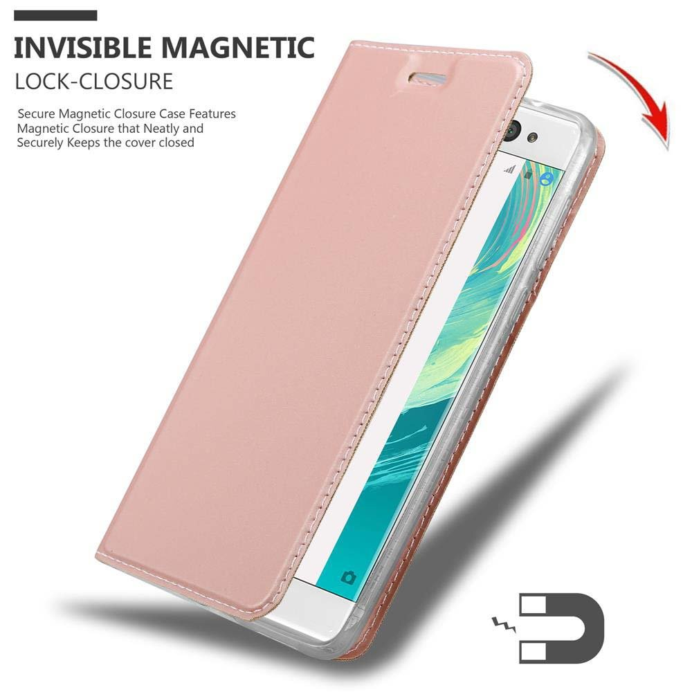 Rosa Handyhülle, geöffnet, um ein Telefon zu zeigen, Text über Magnetverschluss.