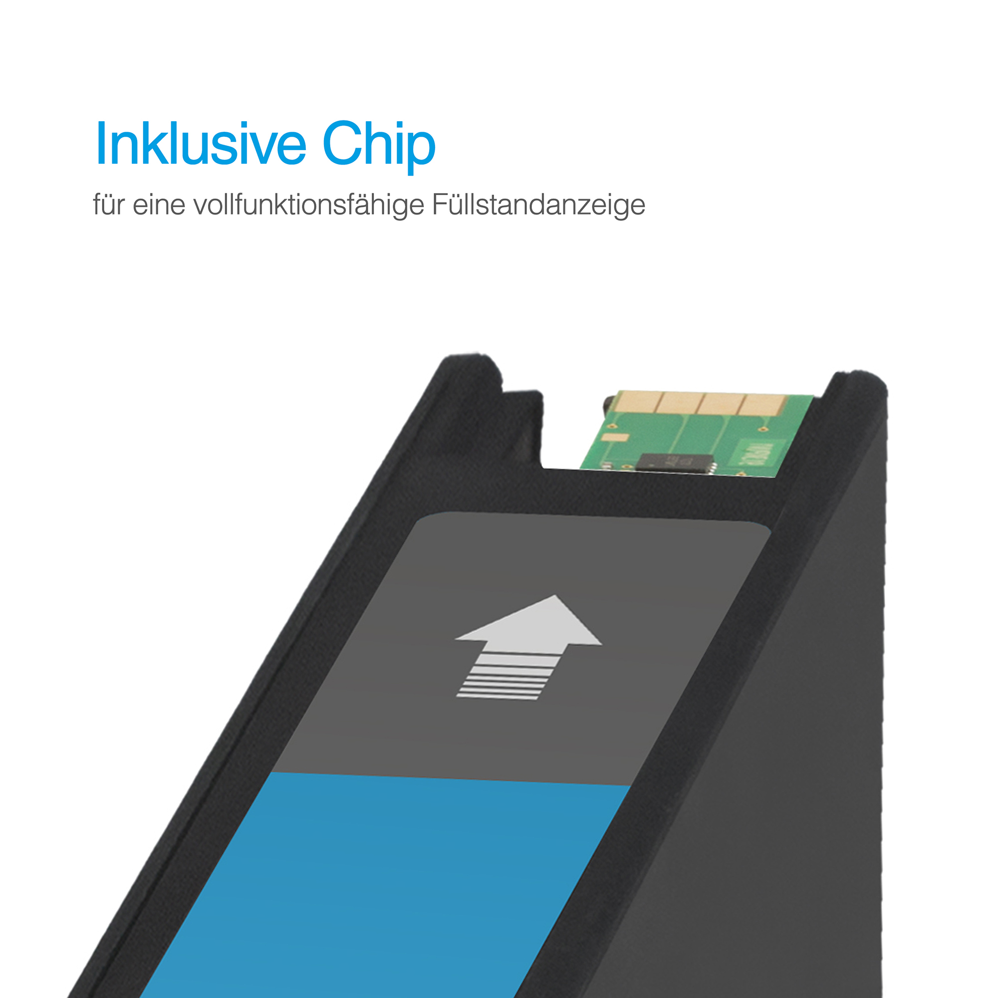 Eine schwarze Tintenpatrone mit Chip, Pfeil und blauem Tintenstandsanzeiger, mit Text.