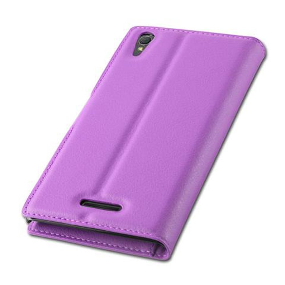 Custodia per telefono viola, chiusa, vista angolata, su sfondo bianco. Mostra l'esterno.