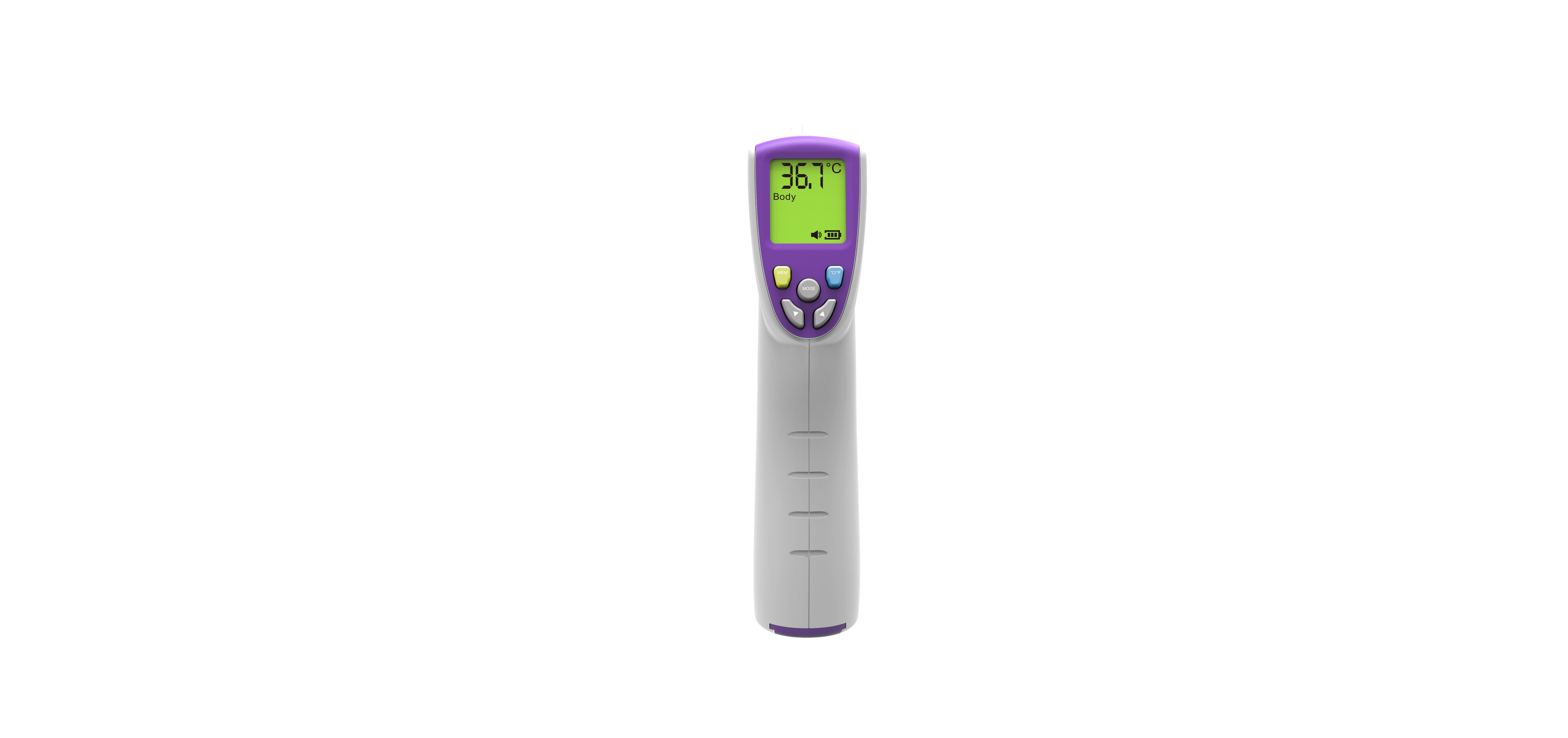 Ein lila-weißes Thermometer zeigt 36,7 Grad an. Knöpfe und ein Bildschirm sind sichtbar.