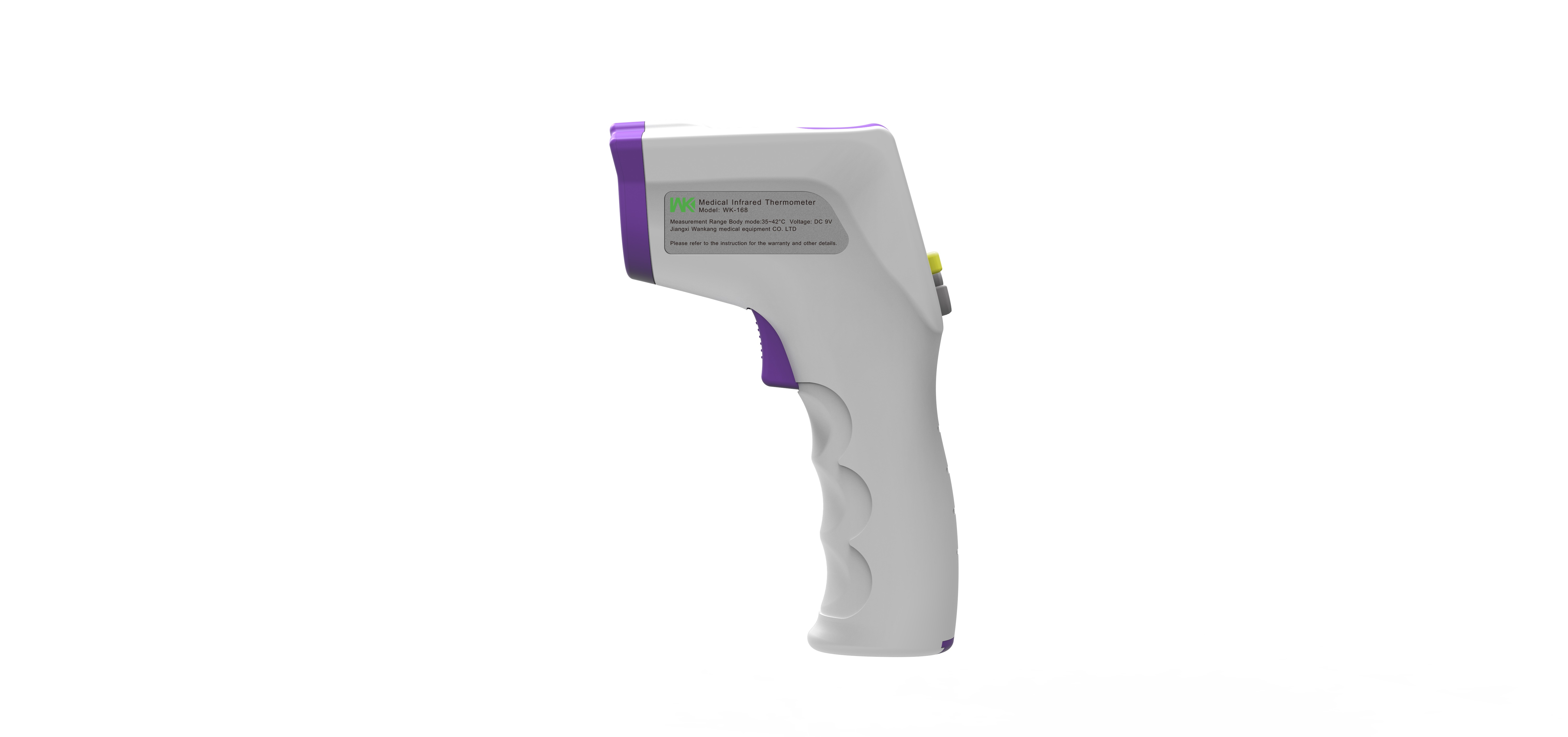 Weiß-violettes Infrarot-Thermometer, mit Griff und Anzeigebereich. Isoliert auf Weiß.