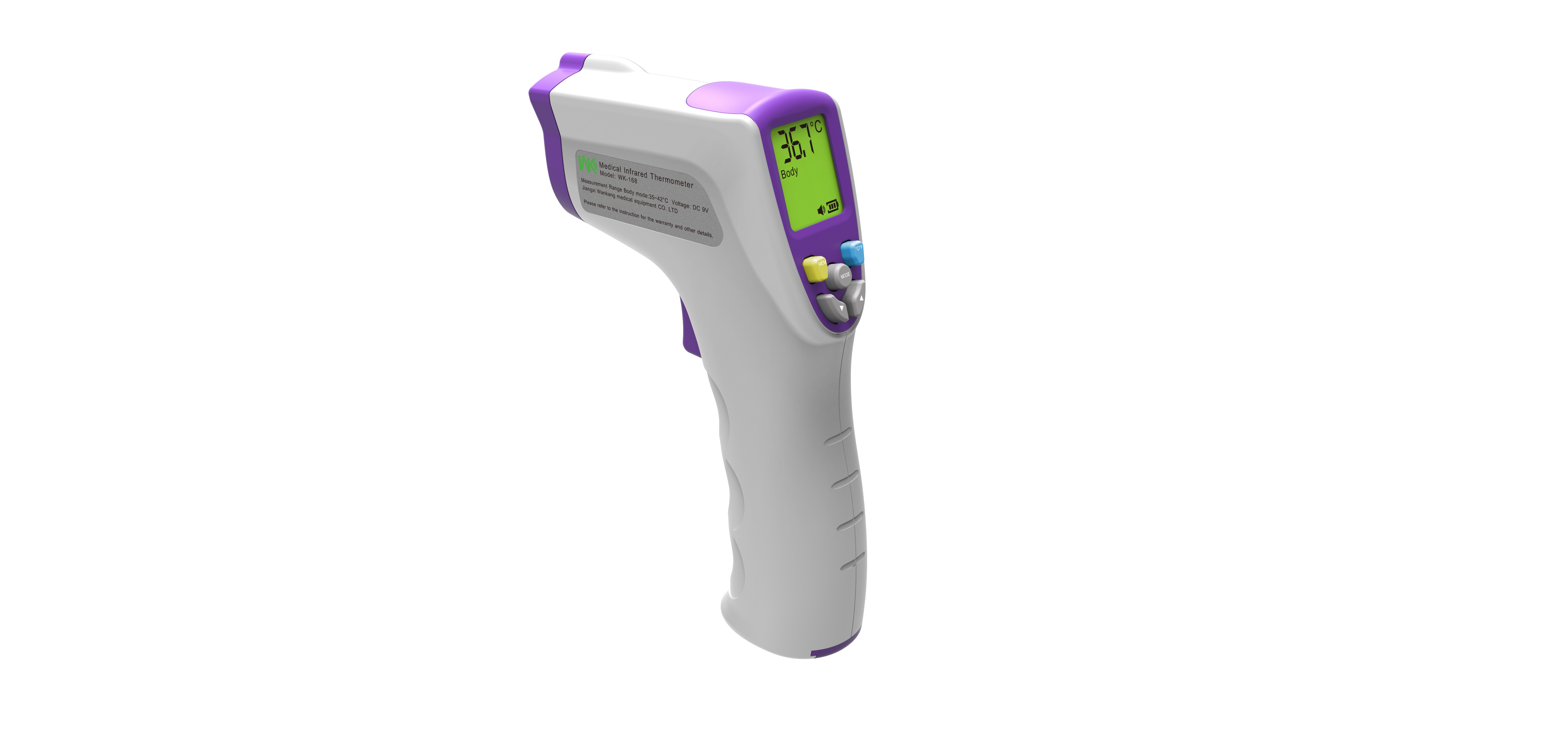 Weiß-violettes Infrarot-Thermometer, schräge Ansicht. Grünes Digitaldisplay zeigt 36,7 Grad.
