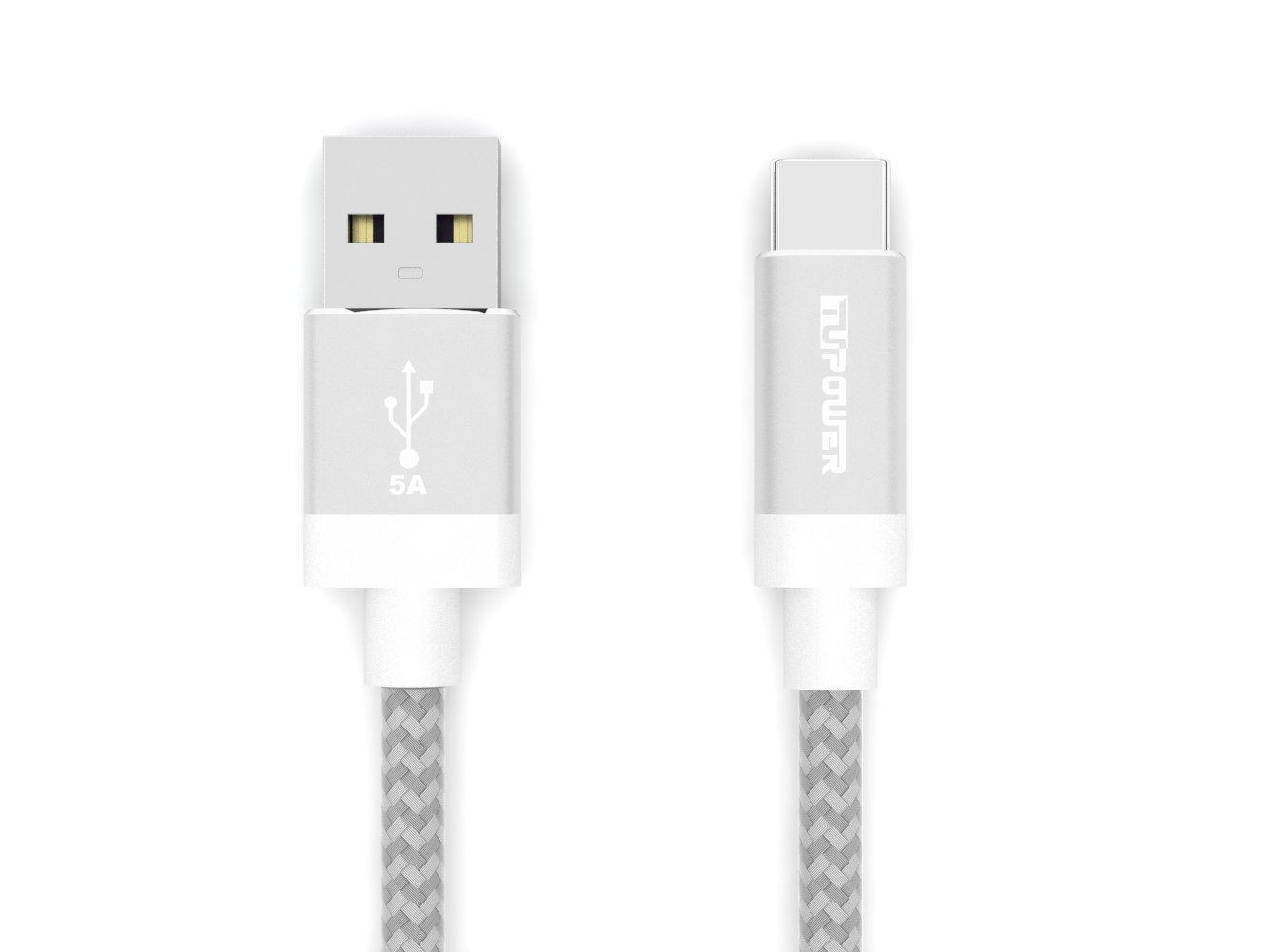 Ein weißes und graues USB-zu-USB-C-Kabel. Die Enden werden gezeigt, einmal USB, einmal USB-C.