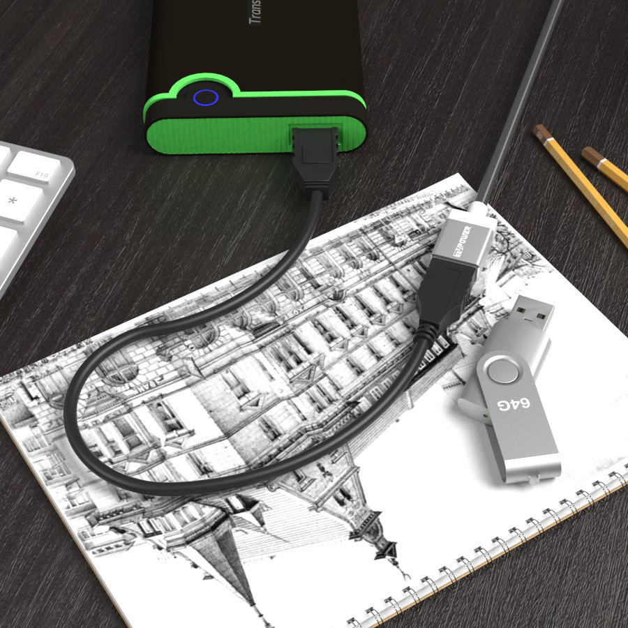 Eine schwarze externe Festplatte und ein USB-Stick sind verbunden. Beide befinden sich auf einer Zeichnung eines Gebäudes.