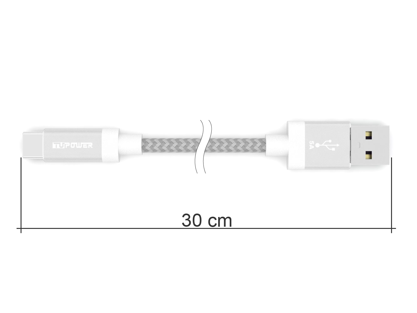 Ein USB-C-zu-USB-A-Kabel. Das Kabel ist grau mit weißen Steckern. Ein Lineal zeigt 30 cm Länge.