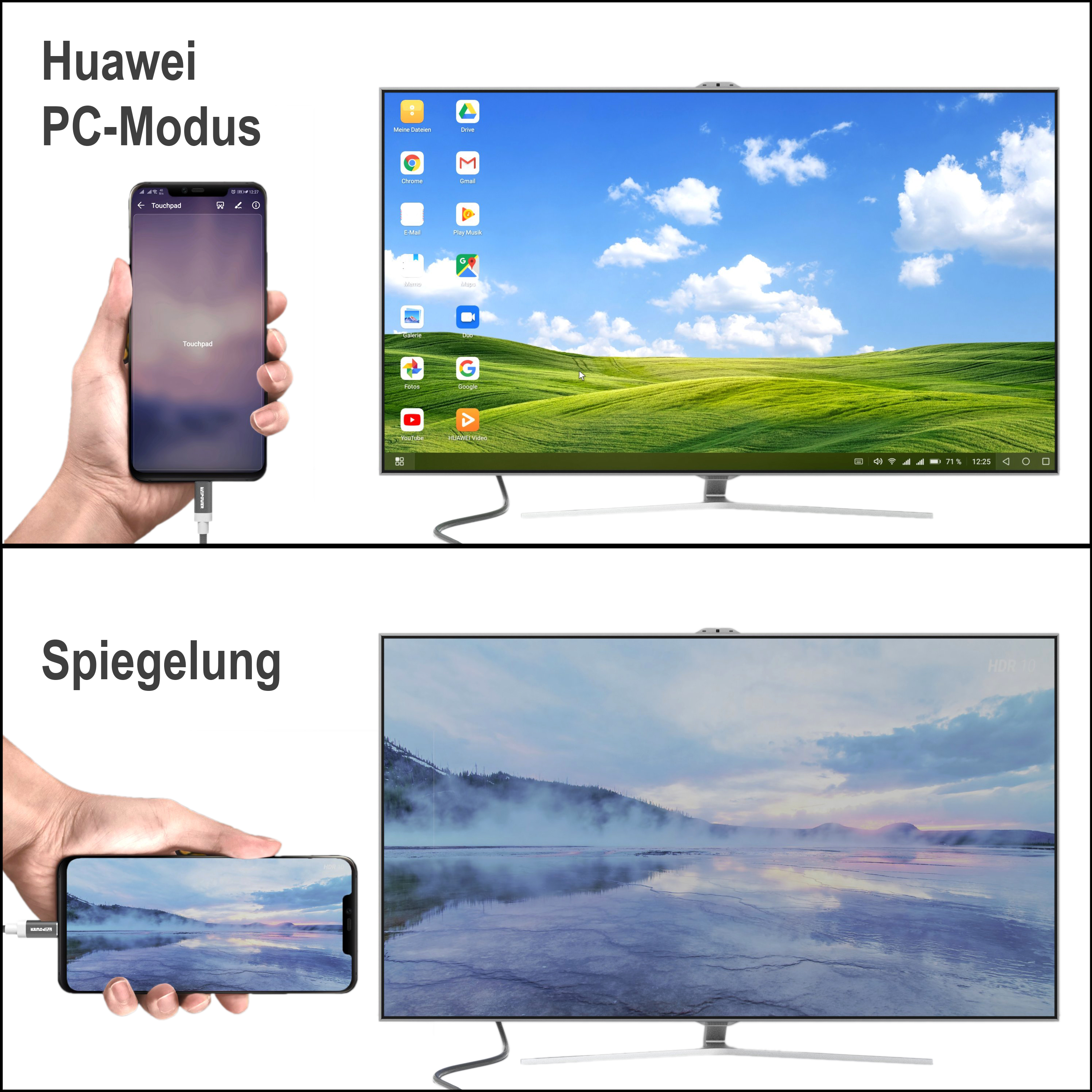 Bild zeigt Telefon im PC-Modus und Spiegelmodus auf dem Bildschirm. Telefon an Monitor angeschlossen.