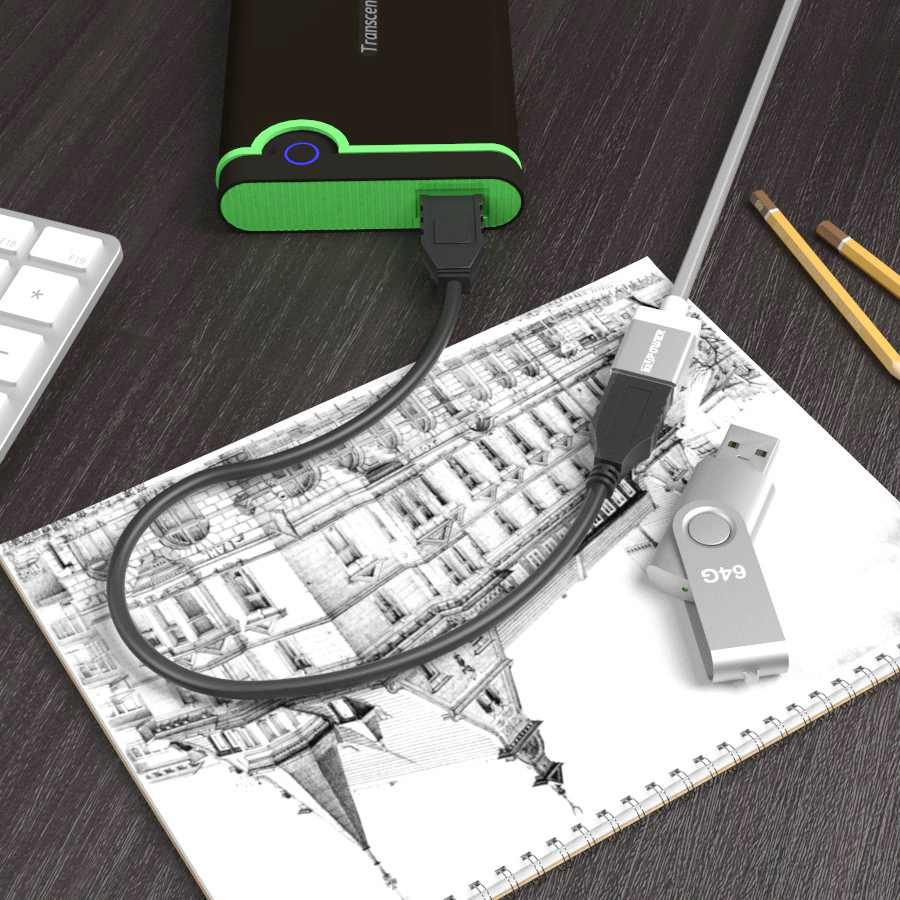Eine schwarze und grüne externe Festplatte, die mit einem USB-Kabel und einem silbernen 64G USB-Laufwerk verbunden ist.