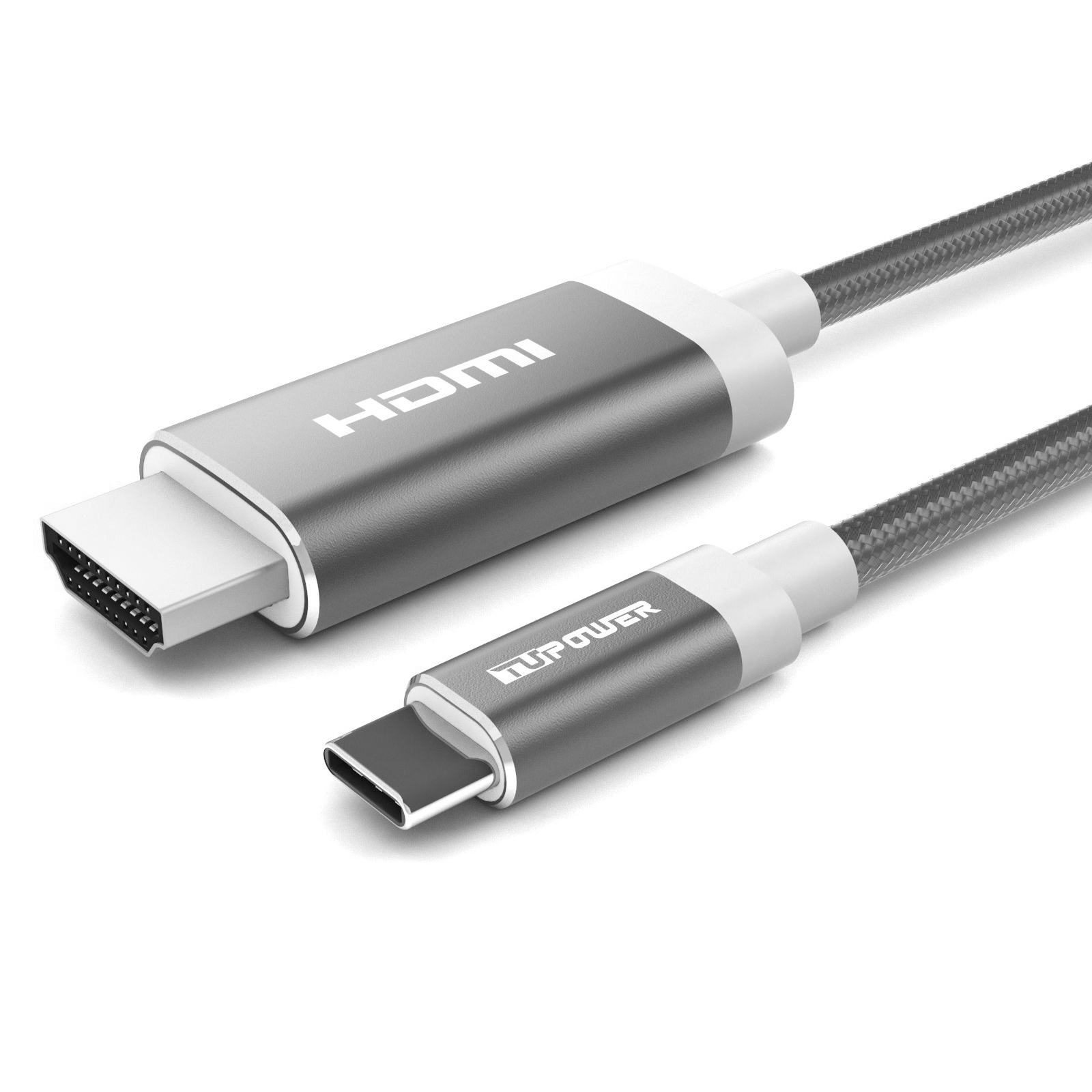 HDMI-zu-USB-C-Kabel. Graue Anschlüsse mit weißen Akzenten auf weißem Hintergrund.