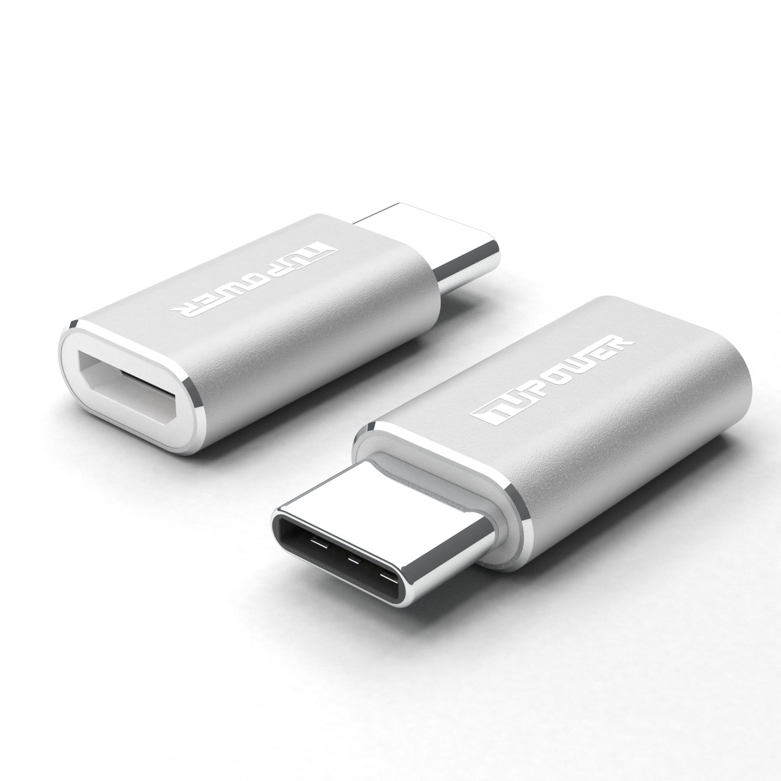 Zwei silberne USB-C-Adapter. Rechteckige Form, mit dem „Tupower“-Logo an der Seite.