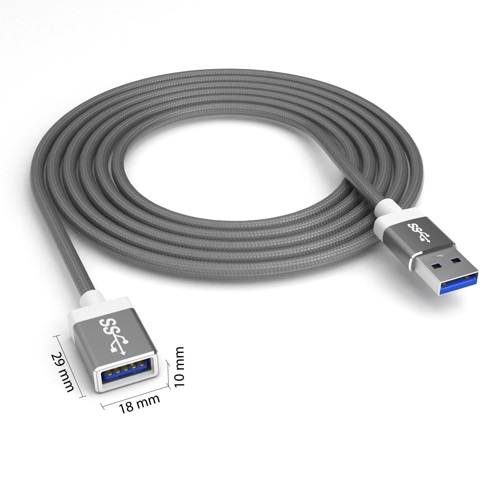 Graues USB-Kabel mit USB- und SS-Logo-Anschlüssen. Abmessungen 29 mm x 18 mm beschriftet.