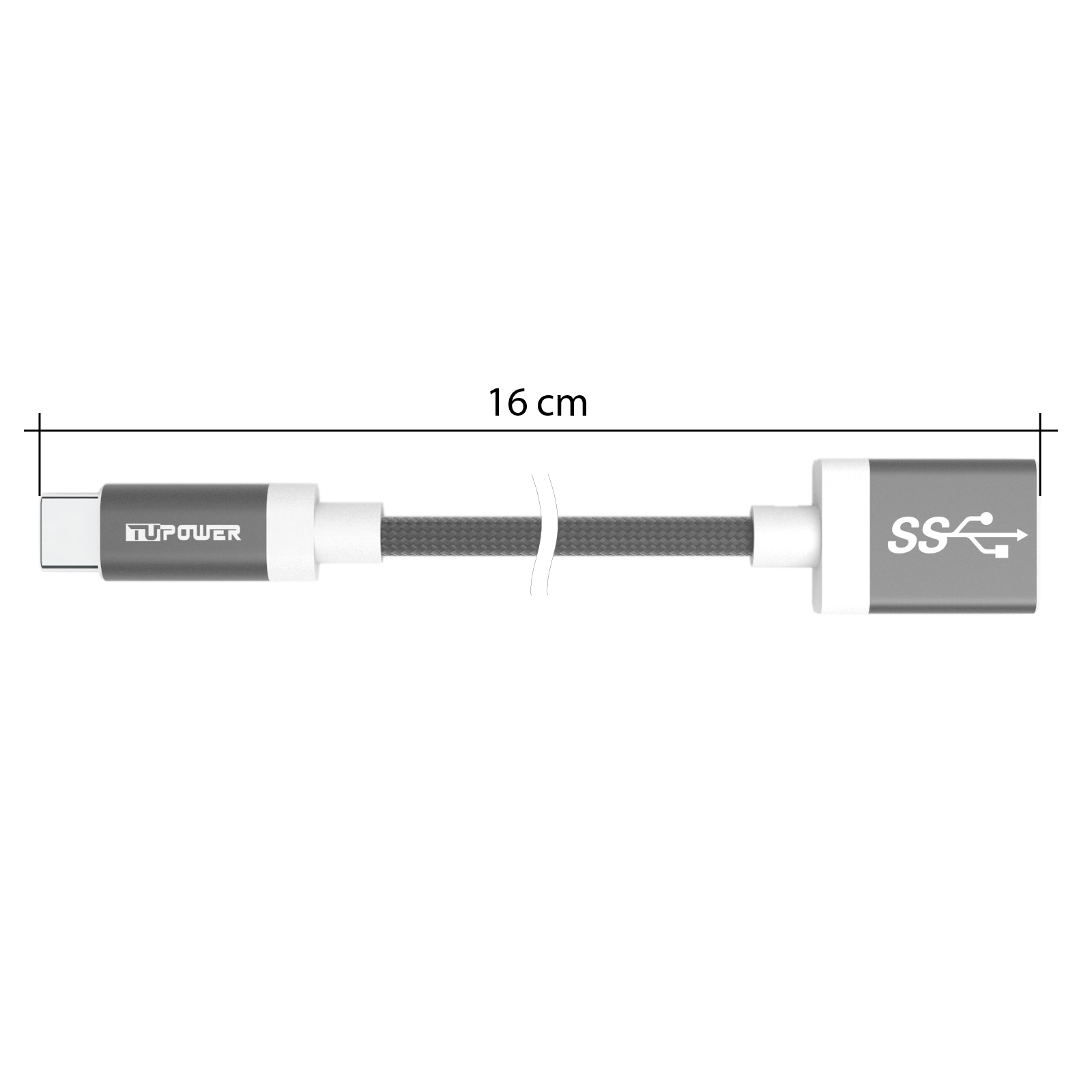 USB-C-Kabel, graue Enden, schwarze Mitte, 16 cm. Weißer Hintergrund.