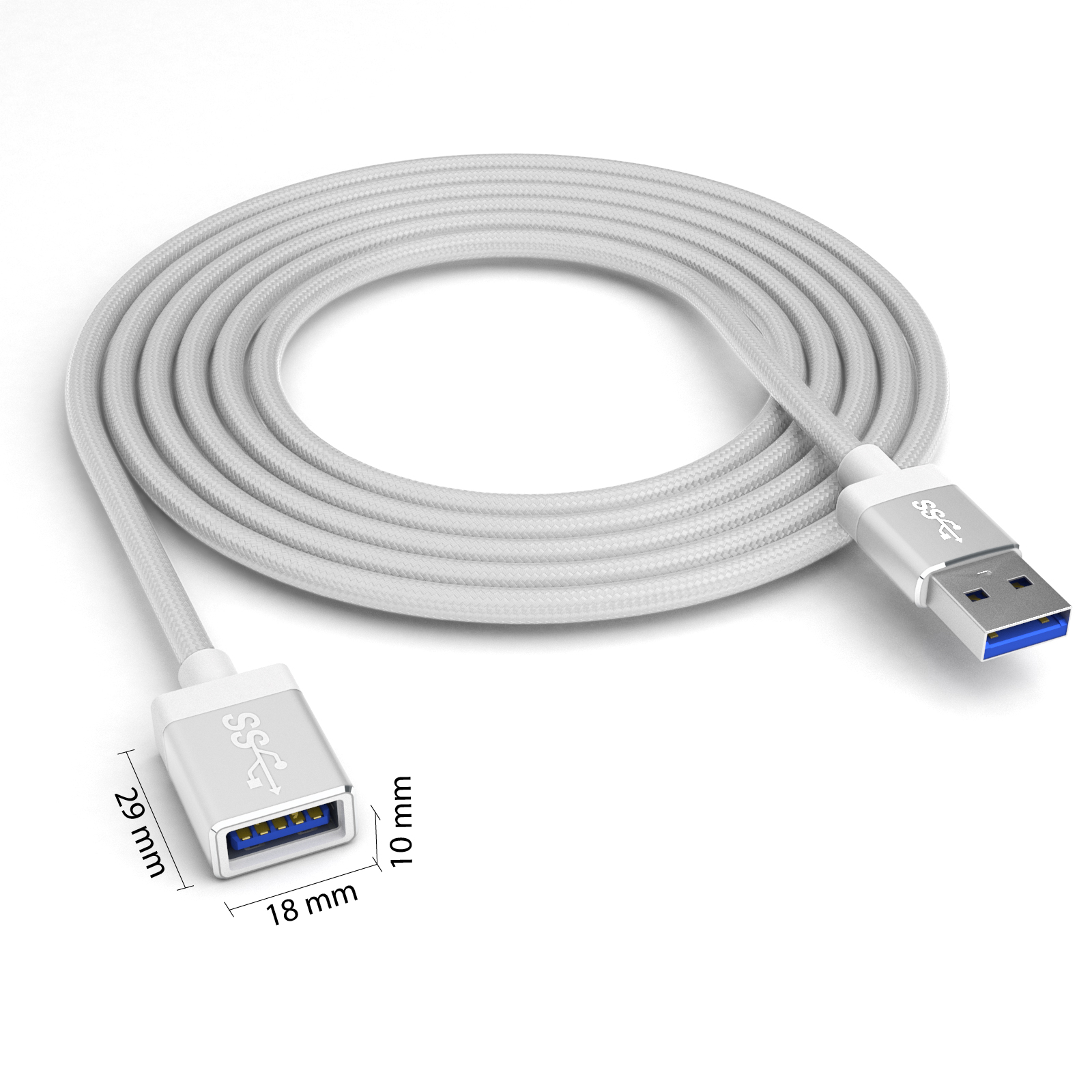 Ein weißes USB-Kabel mit silbernem Stecker. Das Kabel ist aufgerollt und zeigt Abmessungen.