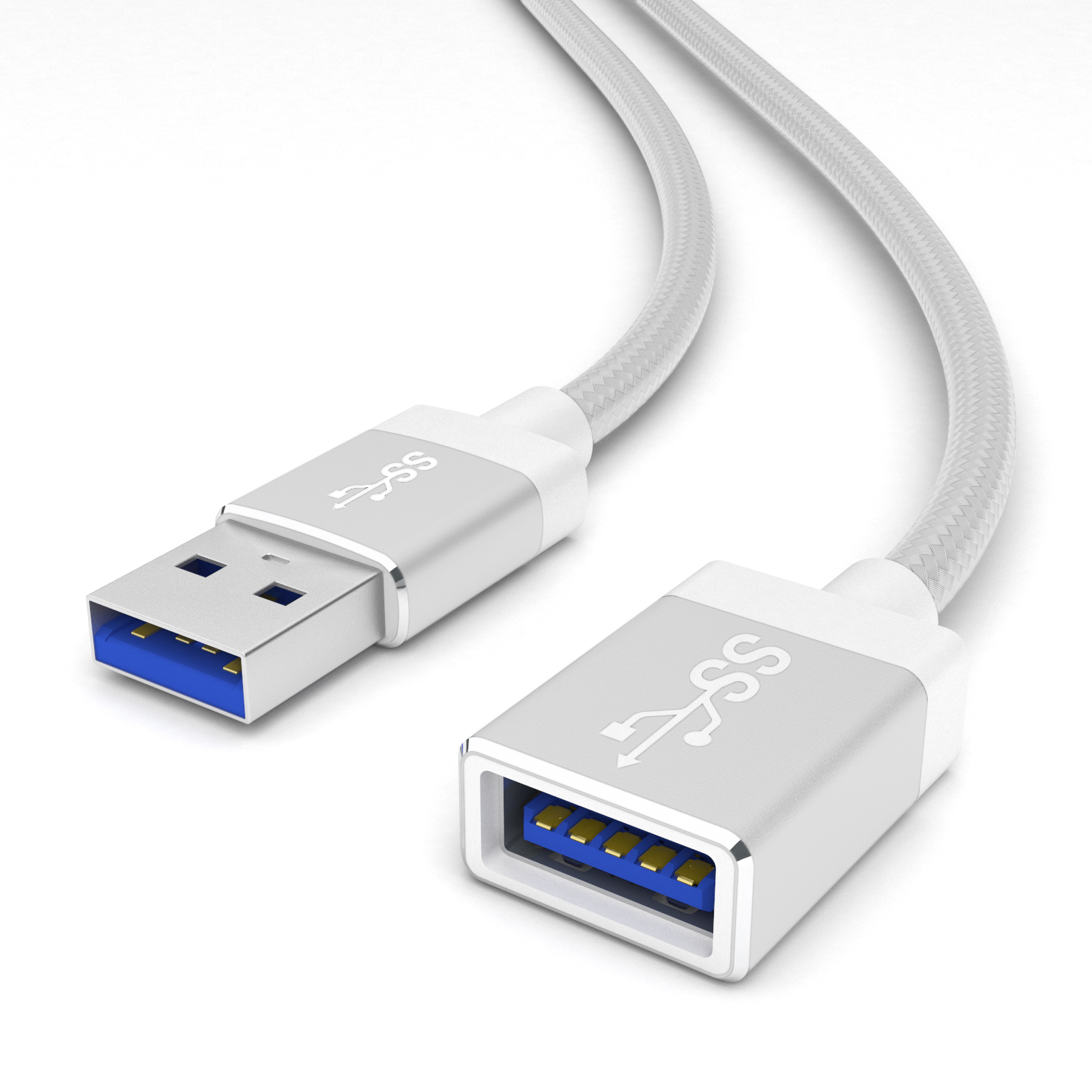 Ein silbernes USB-zu-USB-A-Kabel. Ein Ende ist USB und das andere USB-A. Beide Enden haben blaue Anschlüsse, weißer Hintergrund.
