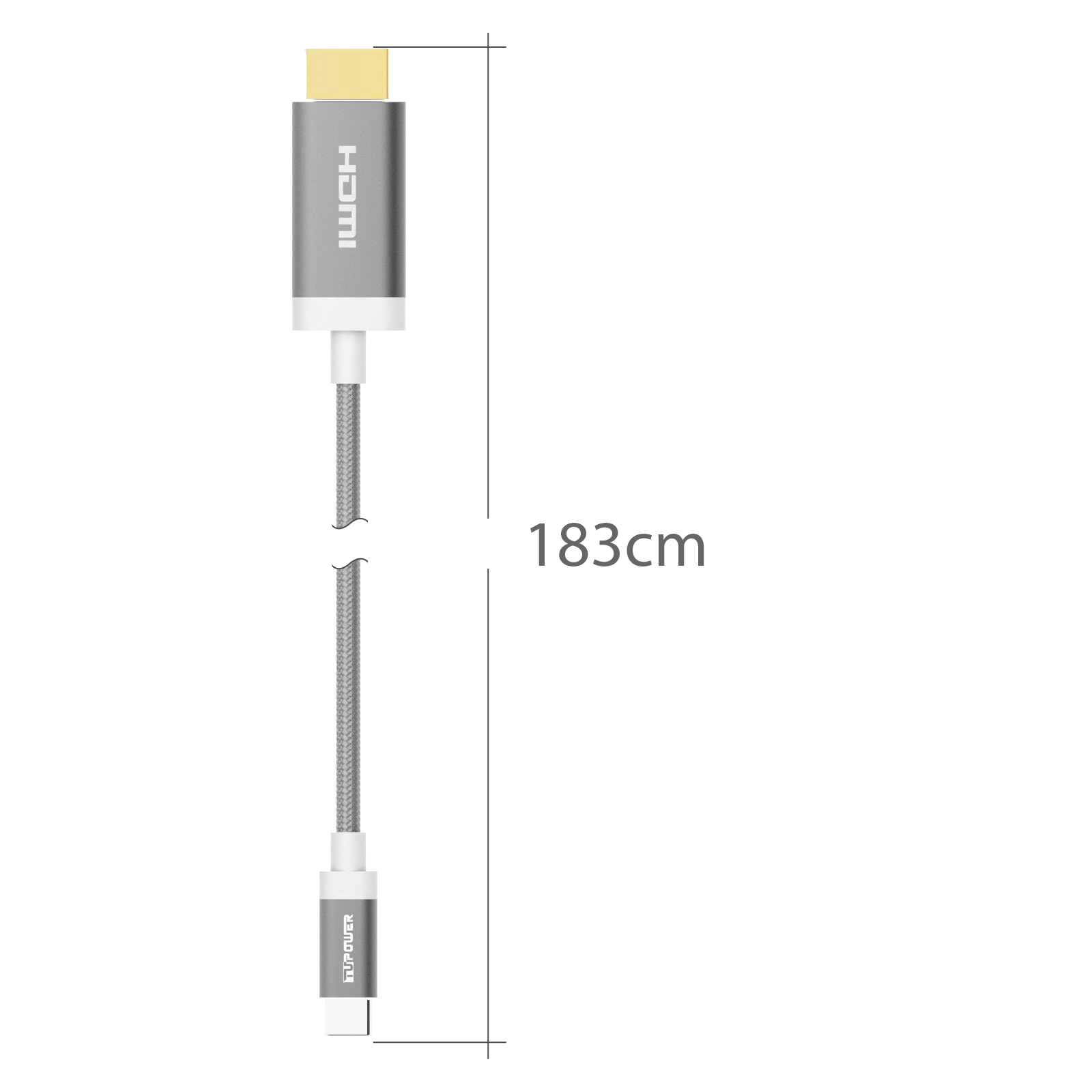 Silbernes und graues HDMI-Kabel, 183 cm lang, auf weißem Hintergrund.