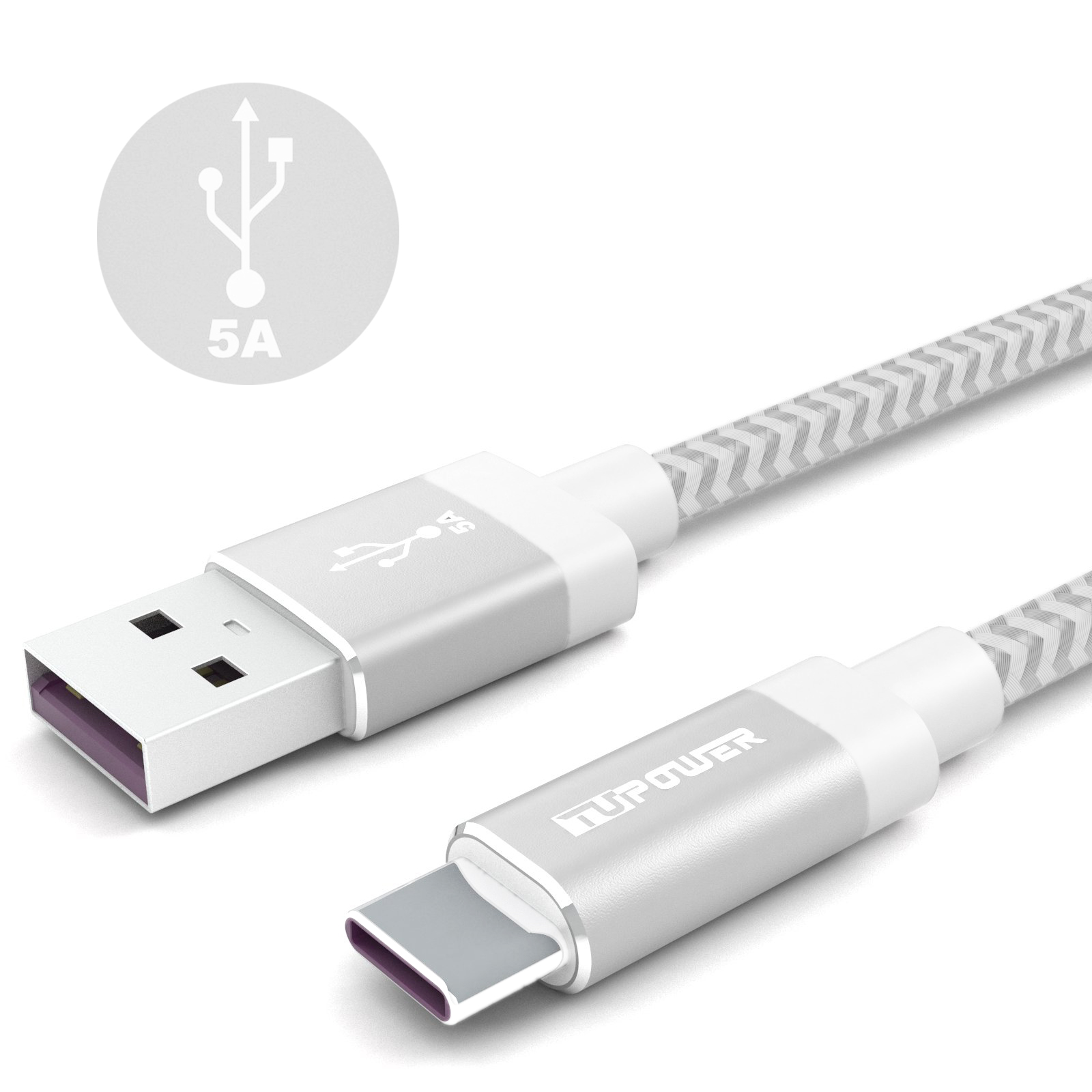 Ein silbernes USB-zu-USB-C-Ladekabel mit Tupower-Logo und weißem Hintergrund.