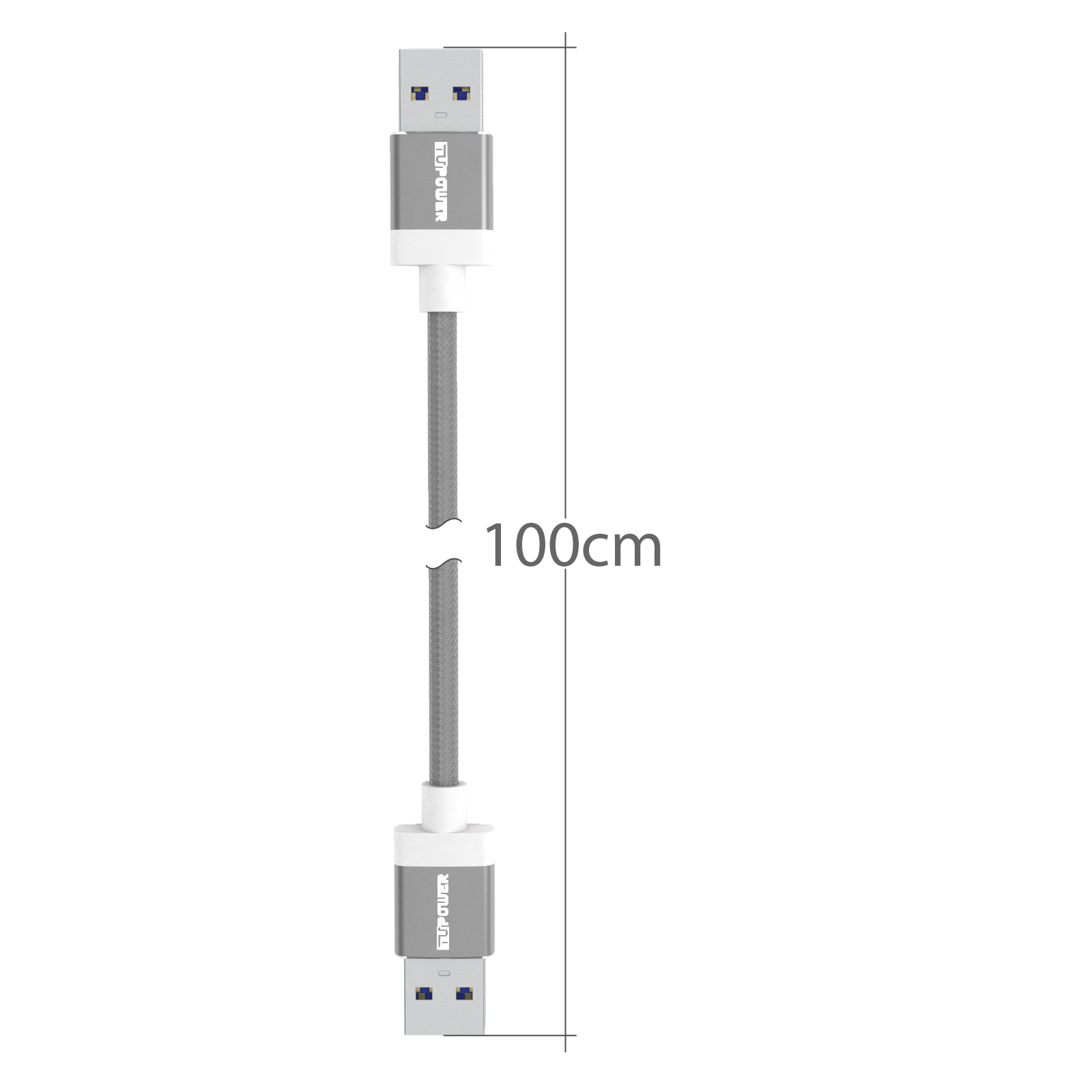 Graues und silbernes USB-Kabel. 100 cm lang. Weißer Hintergrund.