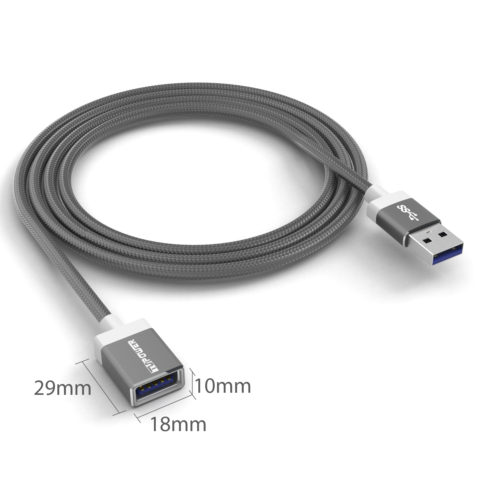 Ein aufgerolltes graues USB-Kabel mit einem USB-A- und einem USB-C-Anschluss.