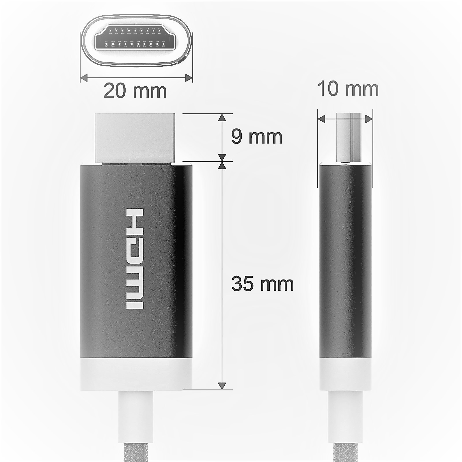 HDMI-Kabel mit Abmessungen: 20 mm x 35 mm. Der Stecker ist grau, das Kabel ist weiß.