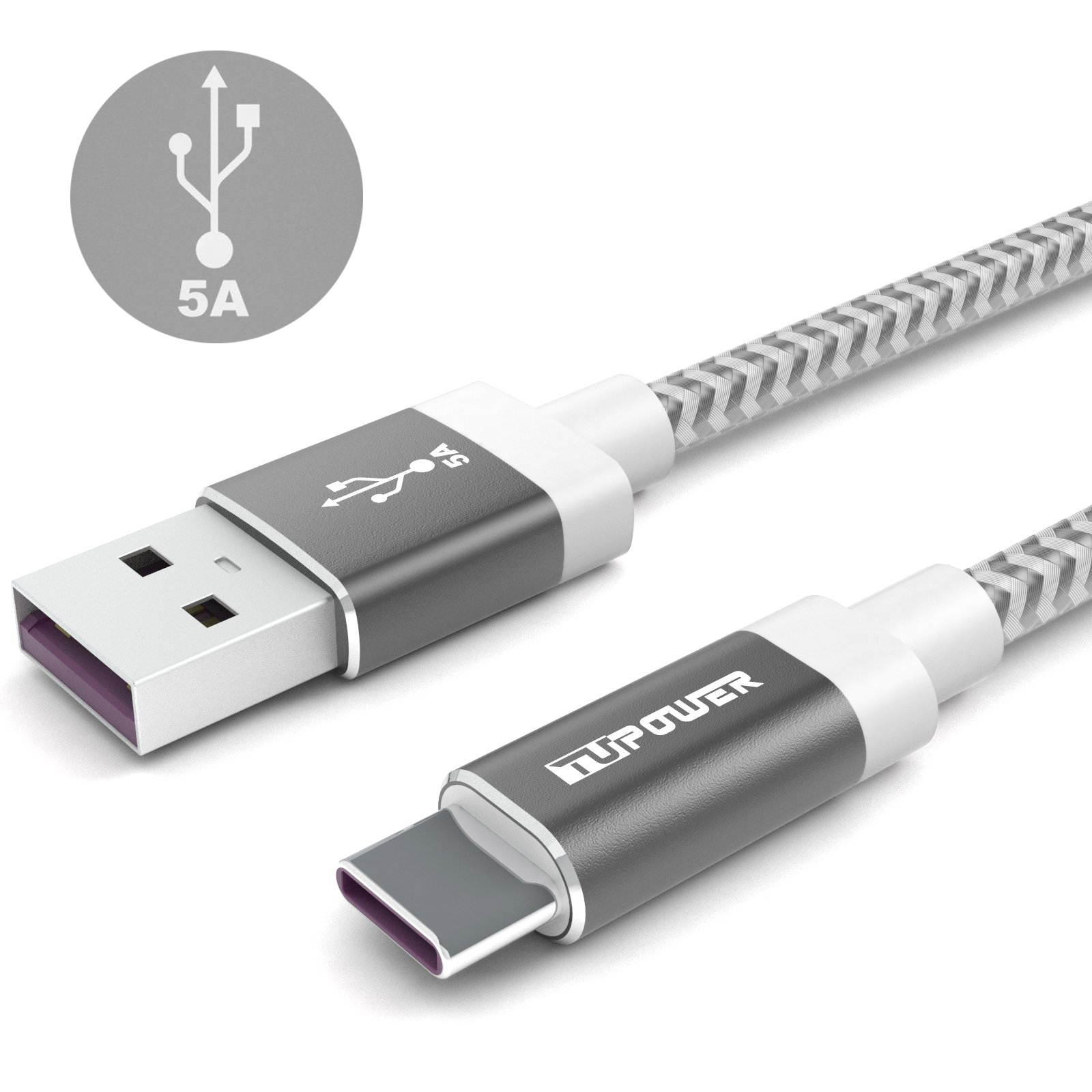 USB-C-zu-USB-Kabel mit grauen Steckern. Weißer Hintergrund.